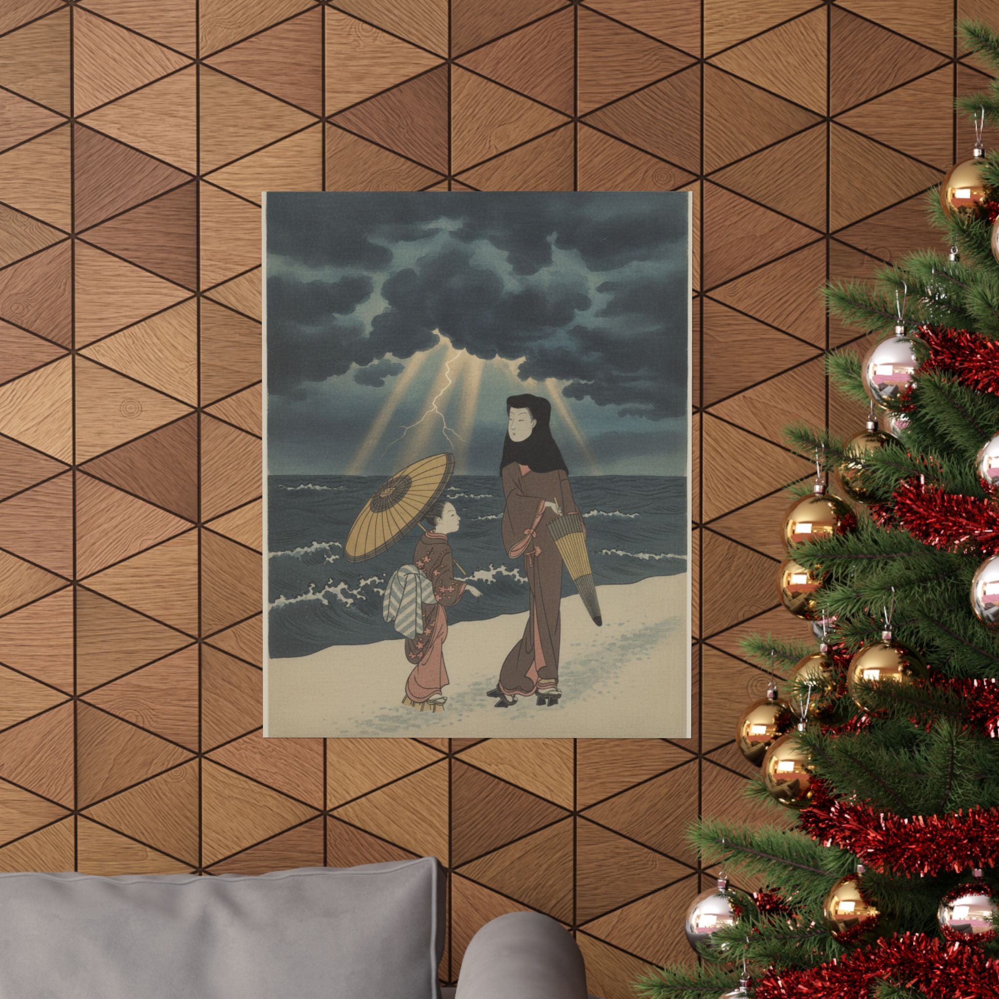 Dramatic Storm — Lady With Black Hood And Umbrella Out Walking With Young Attendant — Matte Poster