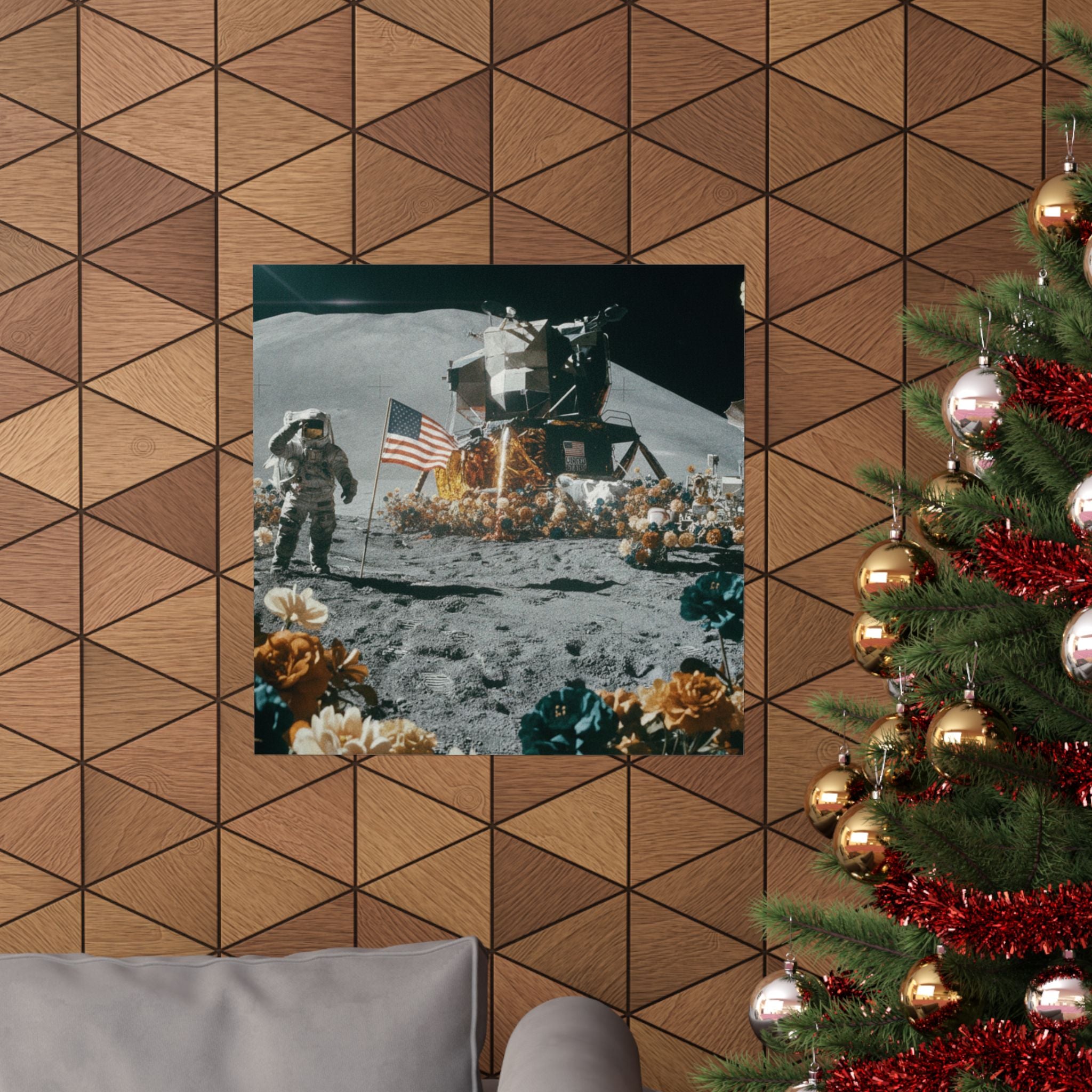 Astronaut Moon Landing in Bloom Surreal Space Poster