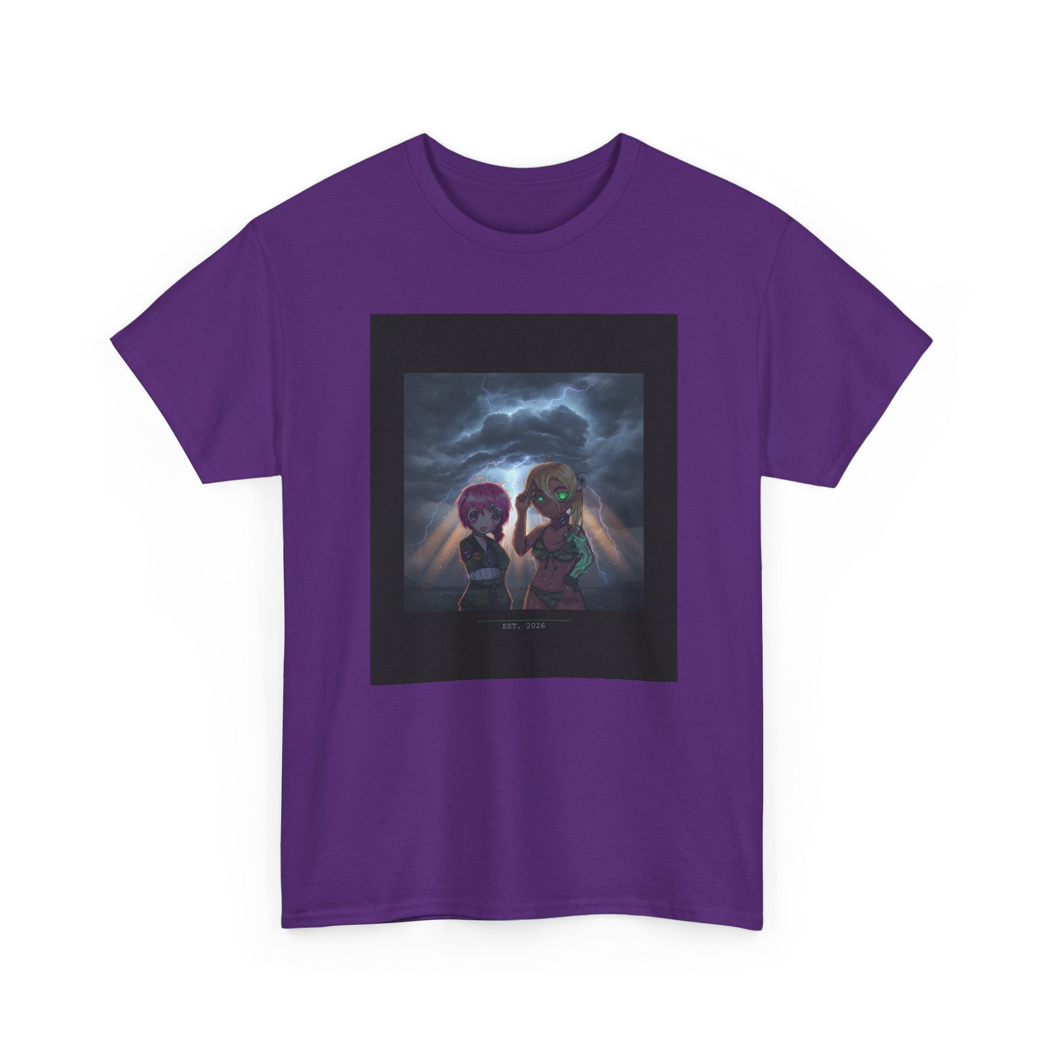 Anime Girls Under Lightning Storm Sky Graphic Tee