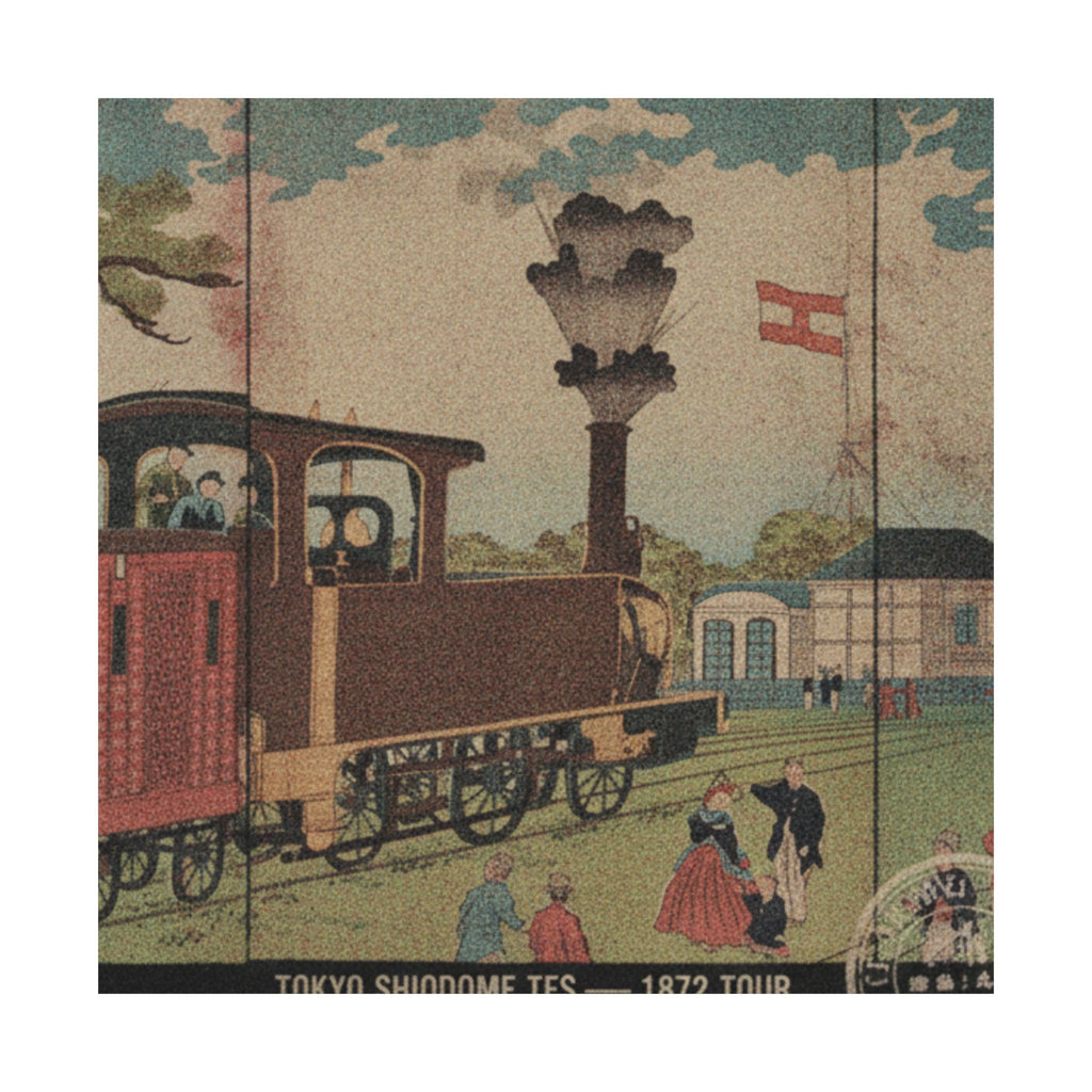 Vintage Bootleg — Illustration Of A Steam Locomotive Passing Shiodome In Tokyo (Tōkyō Shiodome Tes — Matte Poster