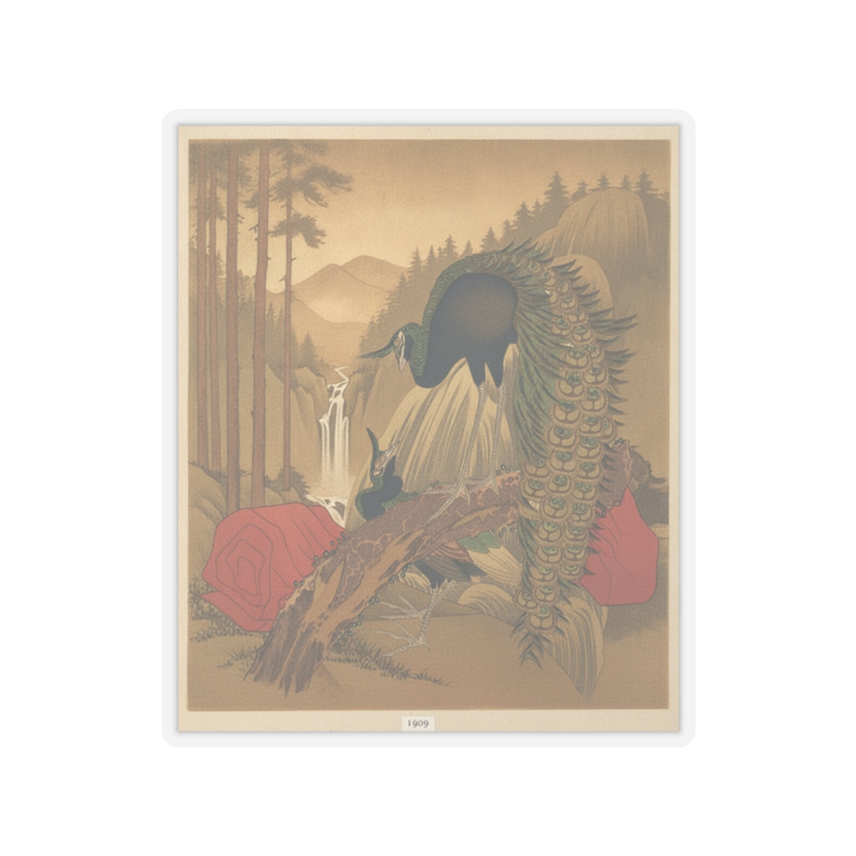 Scenic Nature — Painting Of Peacocks, Pines, A Waterfall, And A Roll Of Red Fabric — Kiss-Cut Sticker