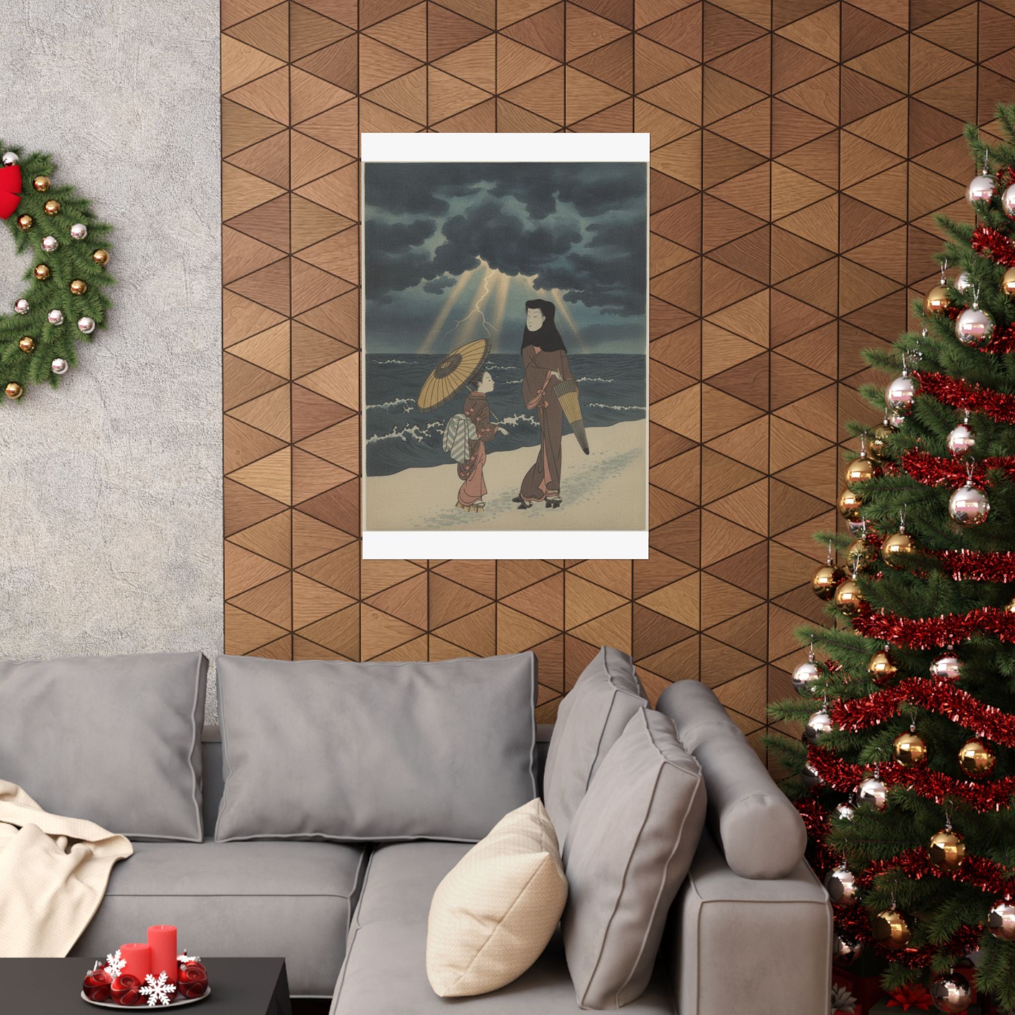 Dramatic Storm — Lady With Black Hood And Umbrella Out Walking With Young Attendant — Matte Poster
