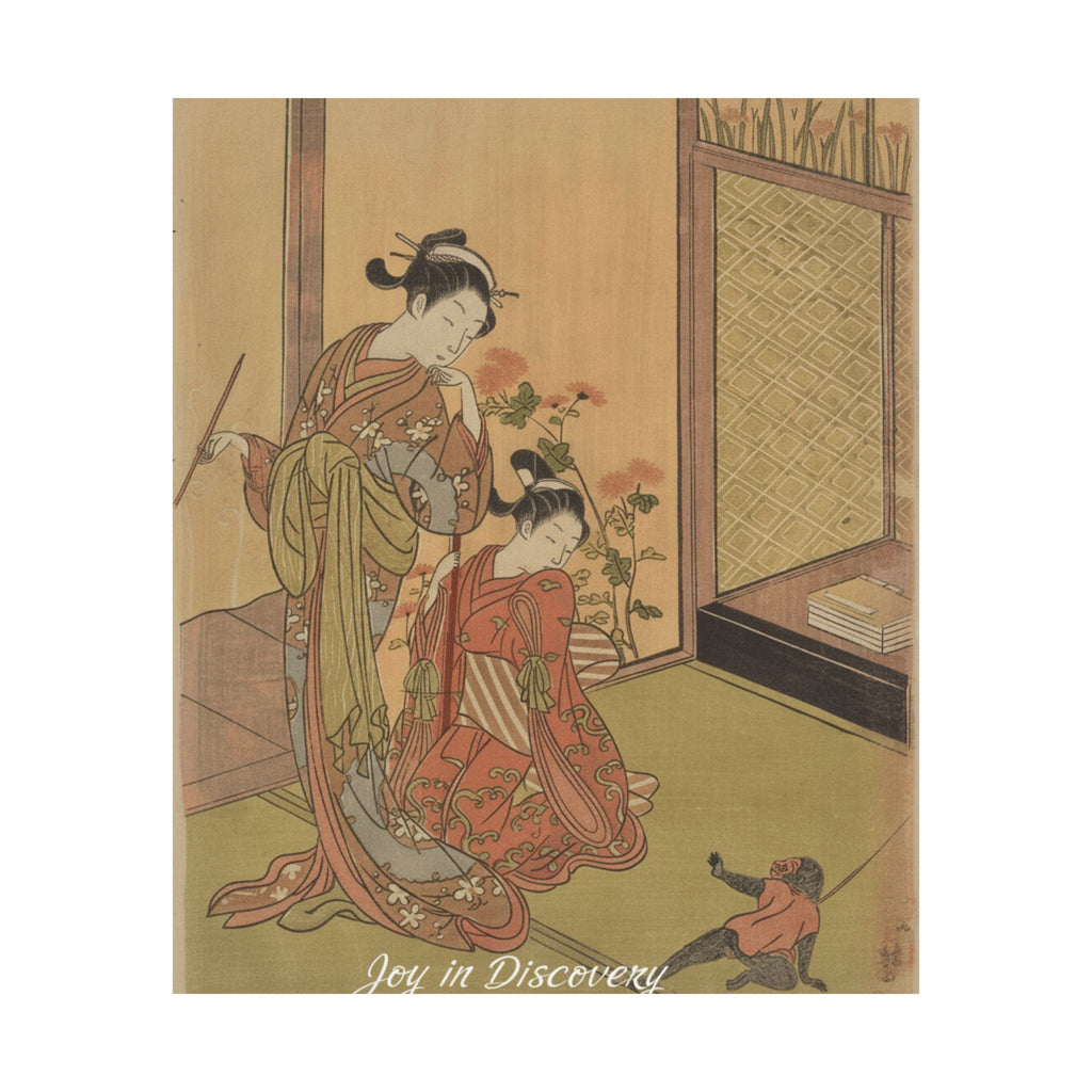 Affirmation — Two Girls Looking At A Monkey On A Leash — Matte Poster