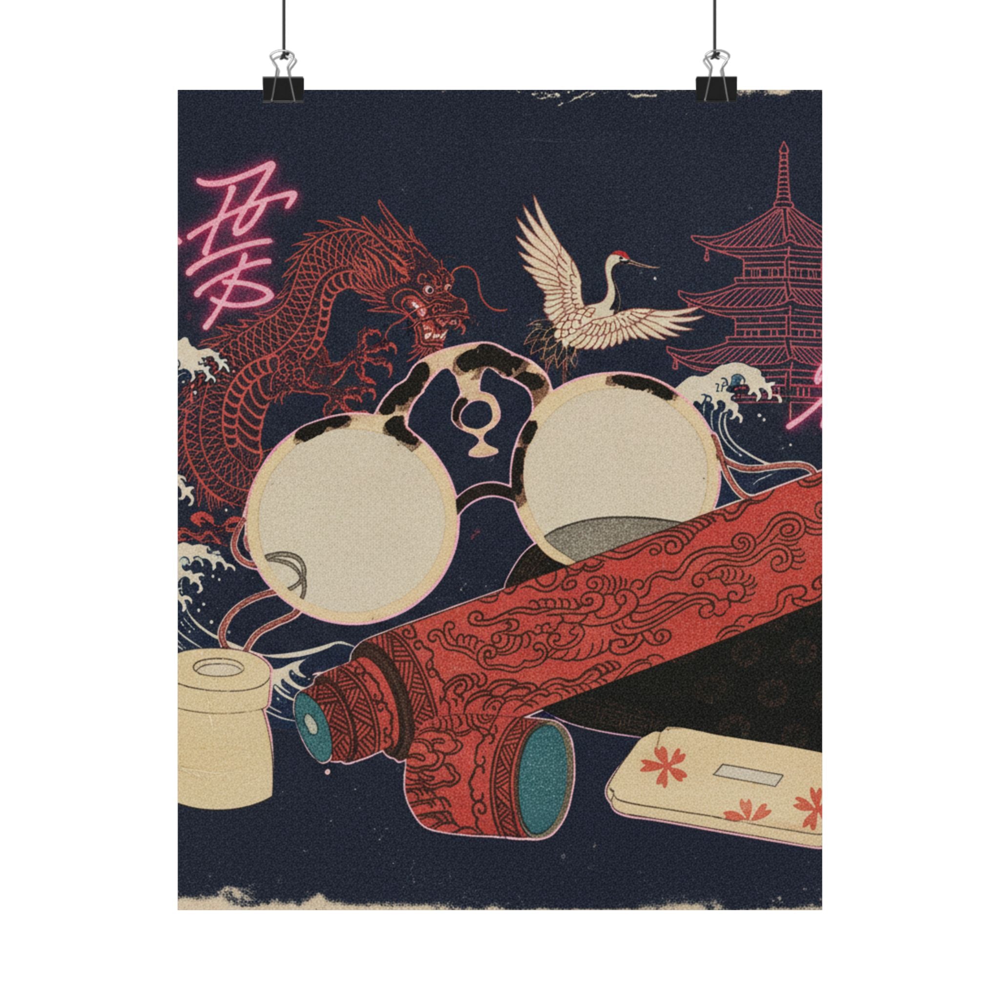 Japanese Street — Spectacles And Telescope With Cases — Matte Poster