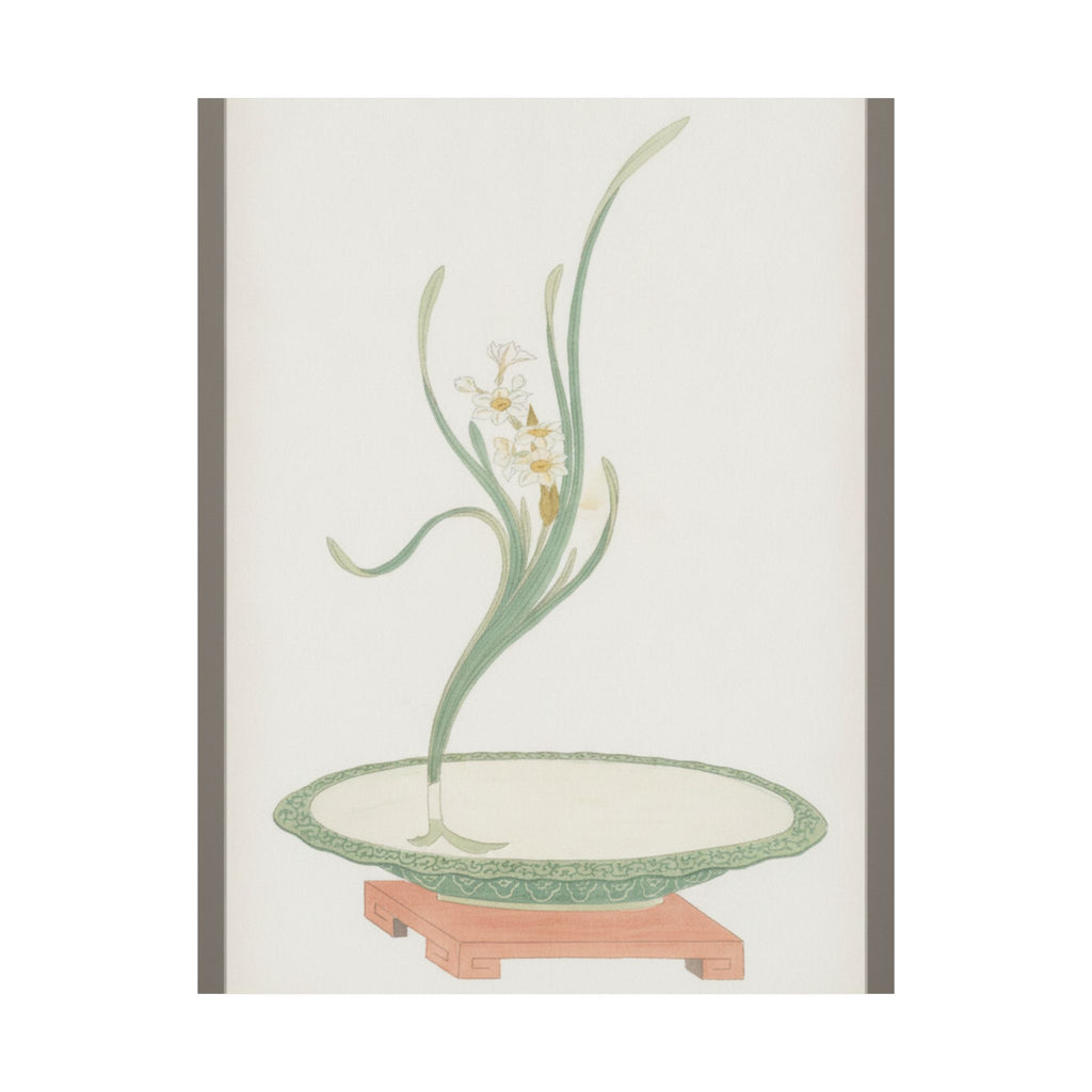 Watercolor — Flower Arrangement Of Suisen (Narcissus) In A Flat Green Dish — Matte Poster