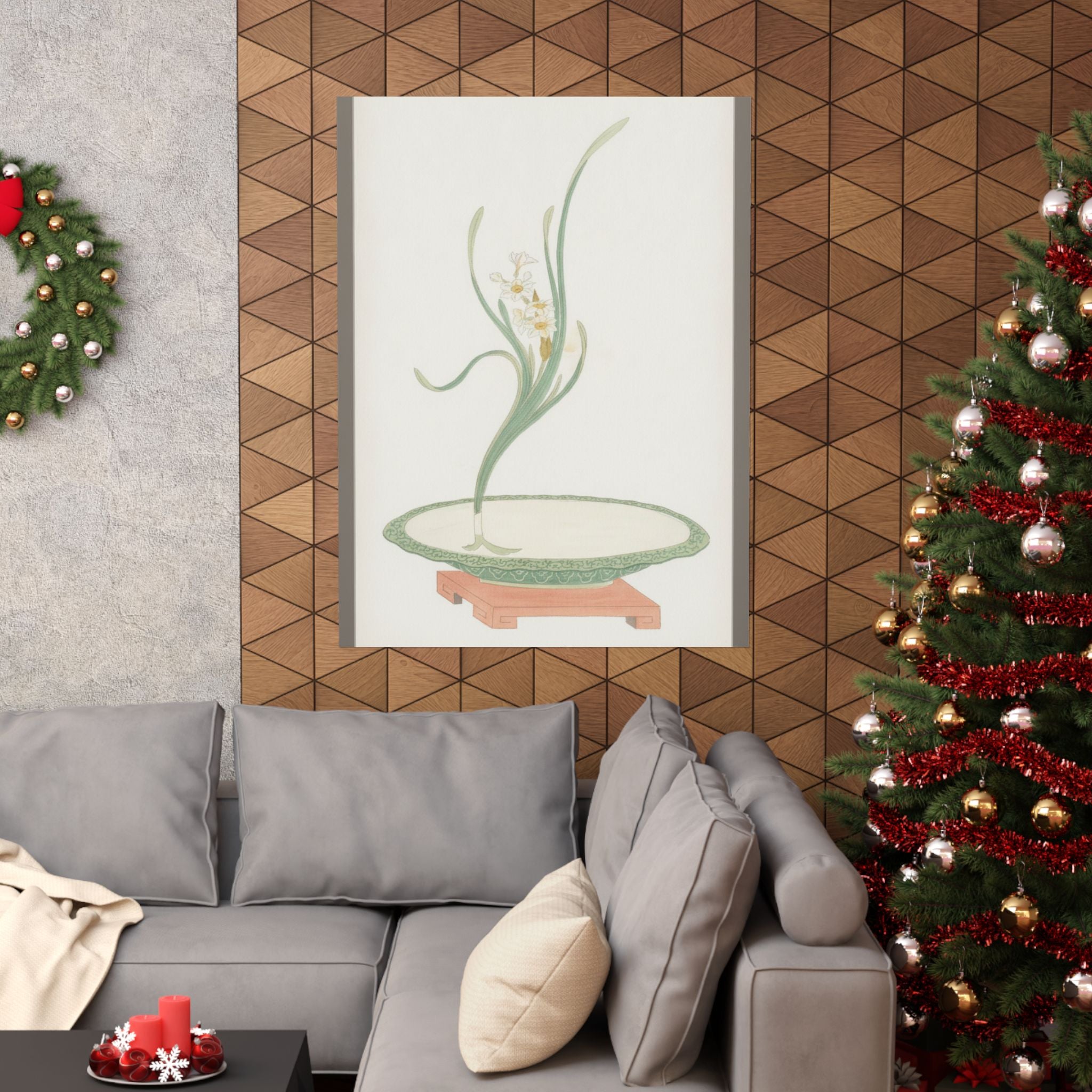 Watercolor — Flower Arrangement Of Suisen (Narcissus) In A Flat Green Dish — Matte Poster