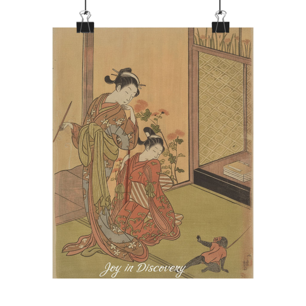 Affirmation — Two Girls Looking At A Monkey On A Leash — Matte Poster
