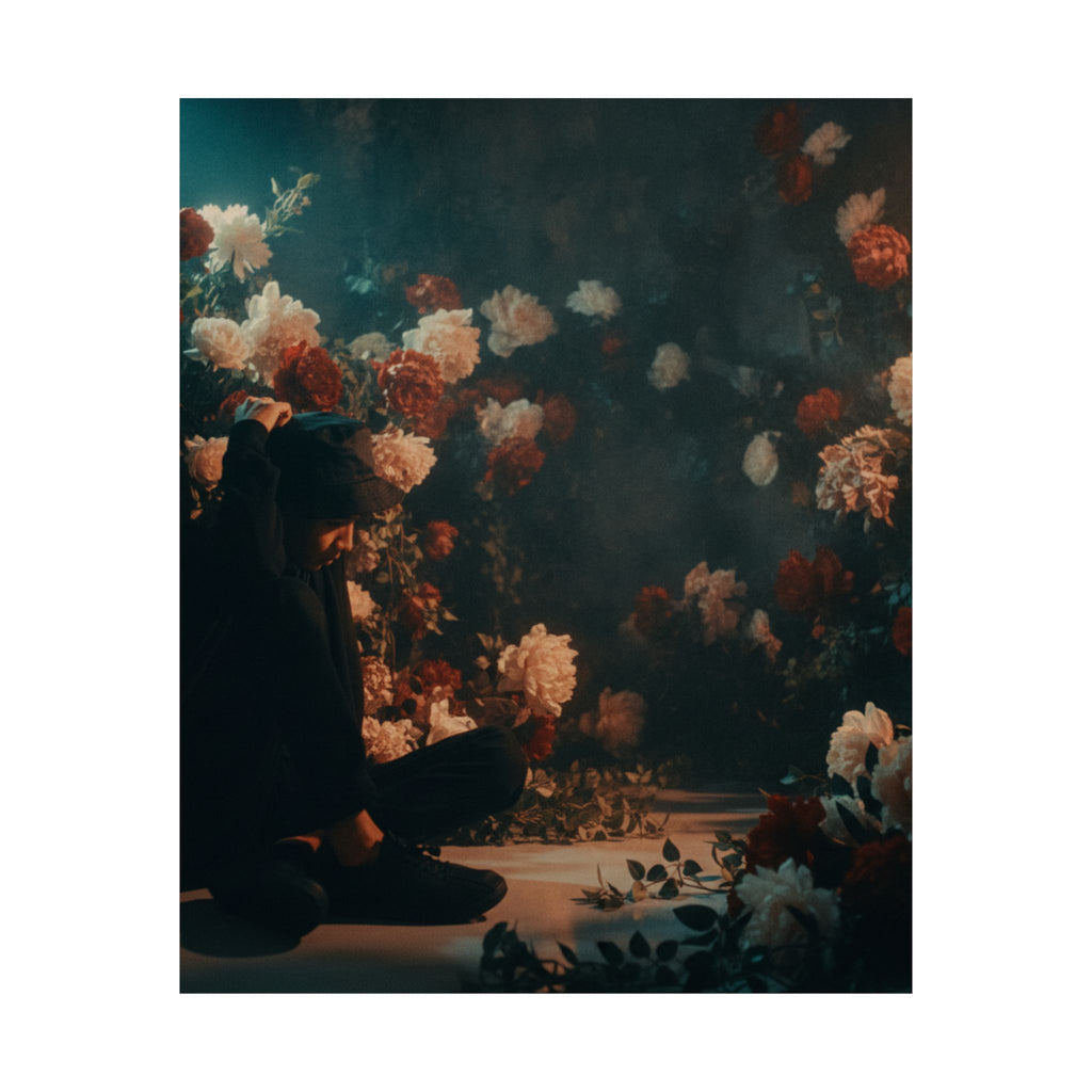 Kneeling Figure in Dark Rose Garden Moody Poster