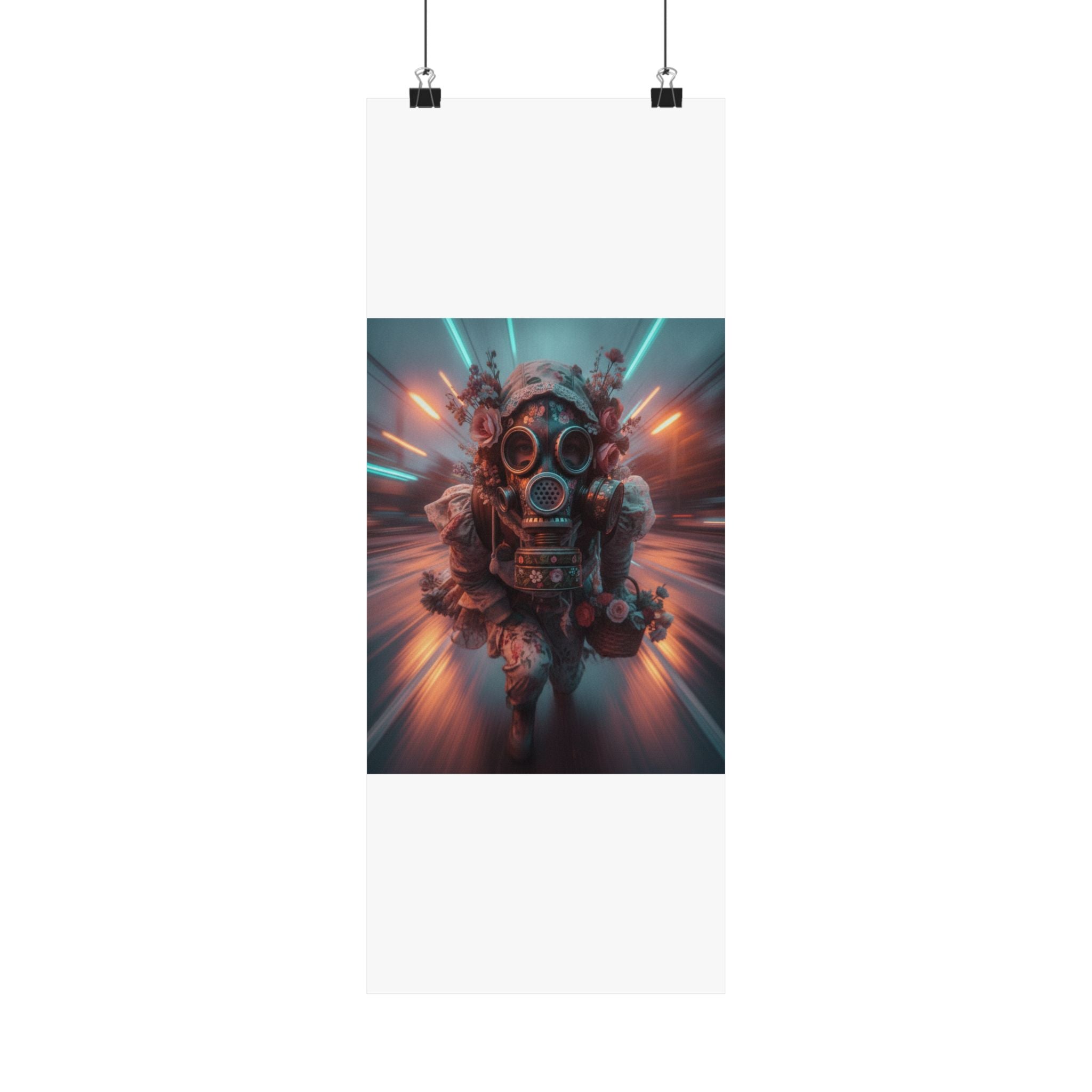 Neon Tunnel Rose Gas Mask Post-Apocalyptic Poster