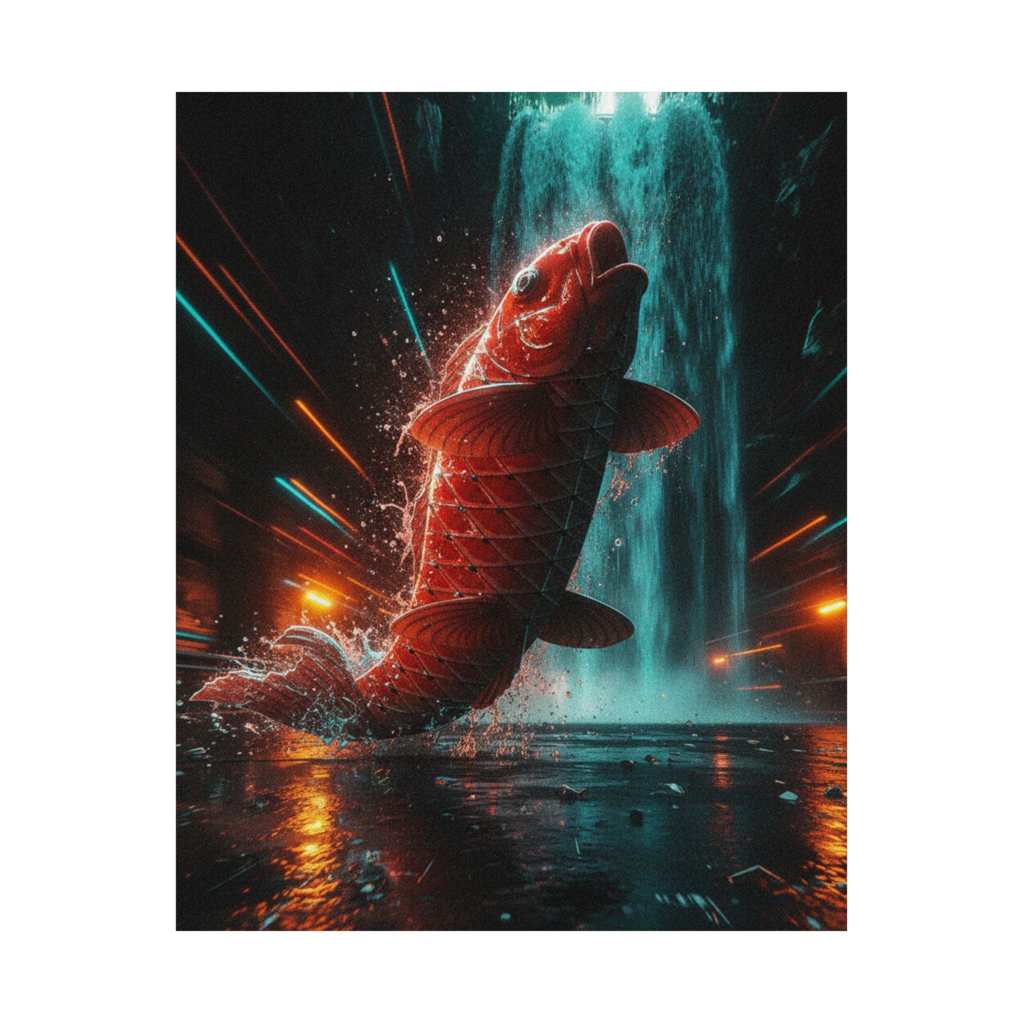 Fast Furious — Red Carp Ascending A Waterfall — Matte Poster