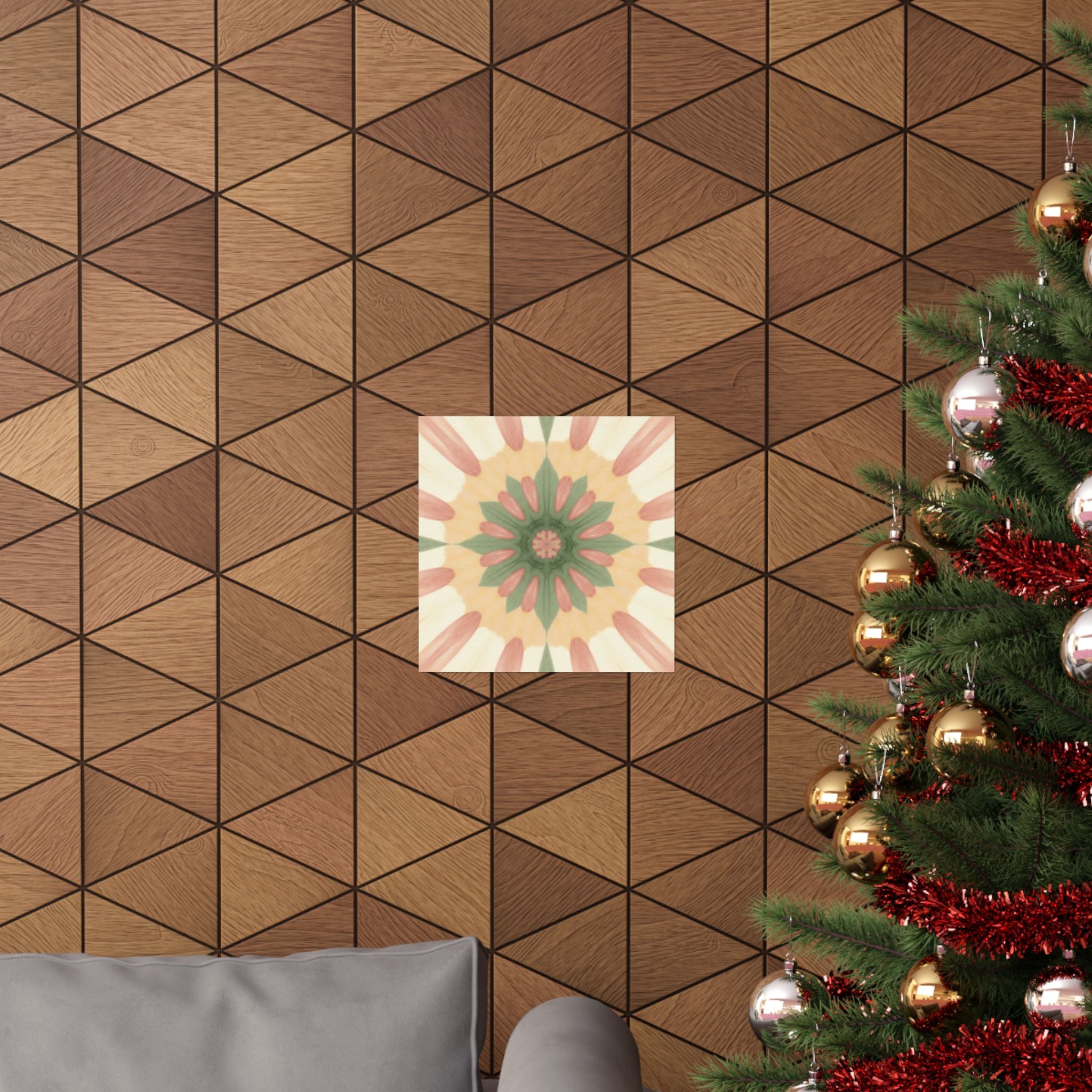 Peach and Sage Floral Kaleidoscope Mandala Poster