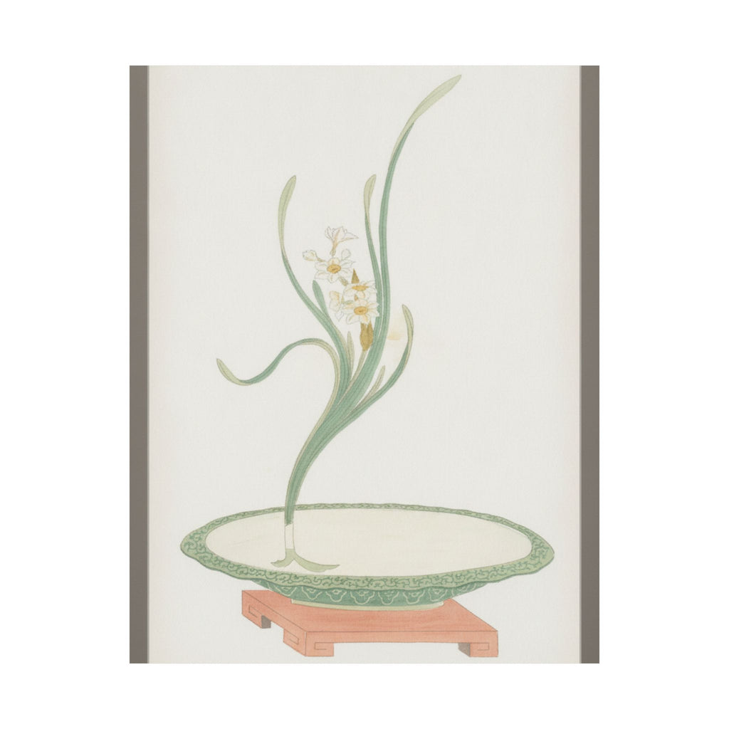 Watercolor — Flower Arrangement Of Suisen (Narcissus) In A Flat Green Dish — Matte Poster