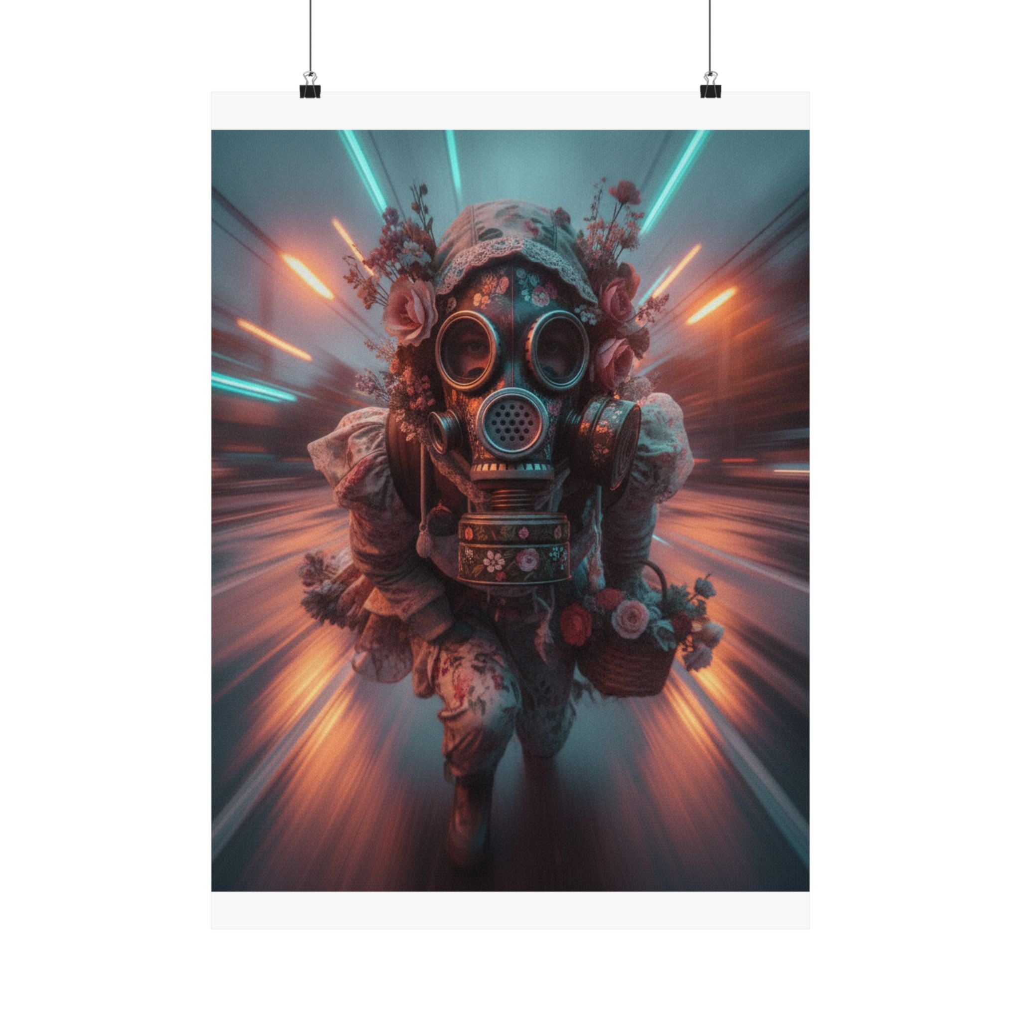 Neon Tunnel Rose Gas Mask Post-Apocalyptic Poster