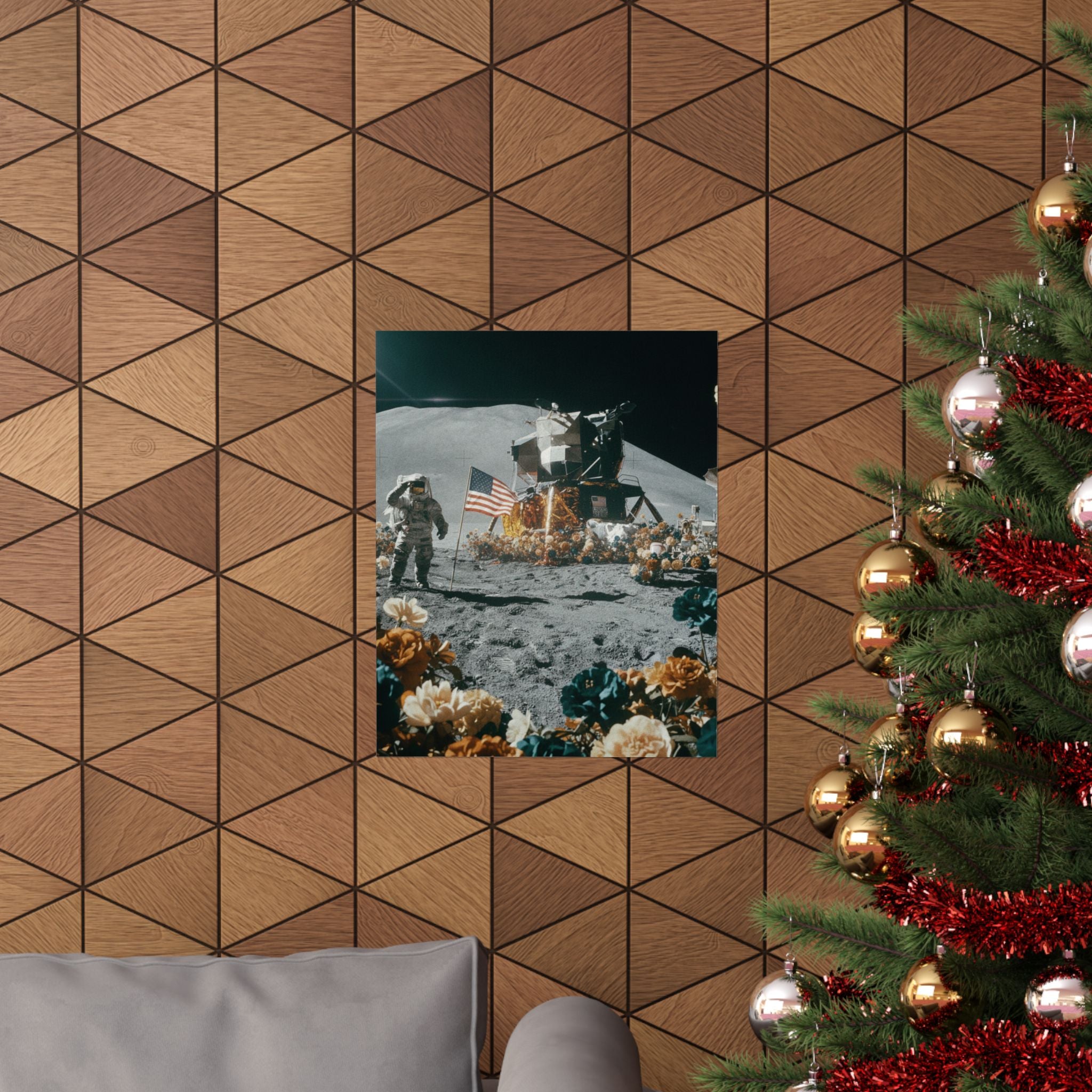 Astronaut Moon Landing in Bloom Surreal Space Poster