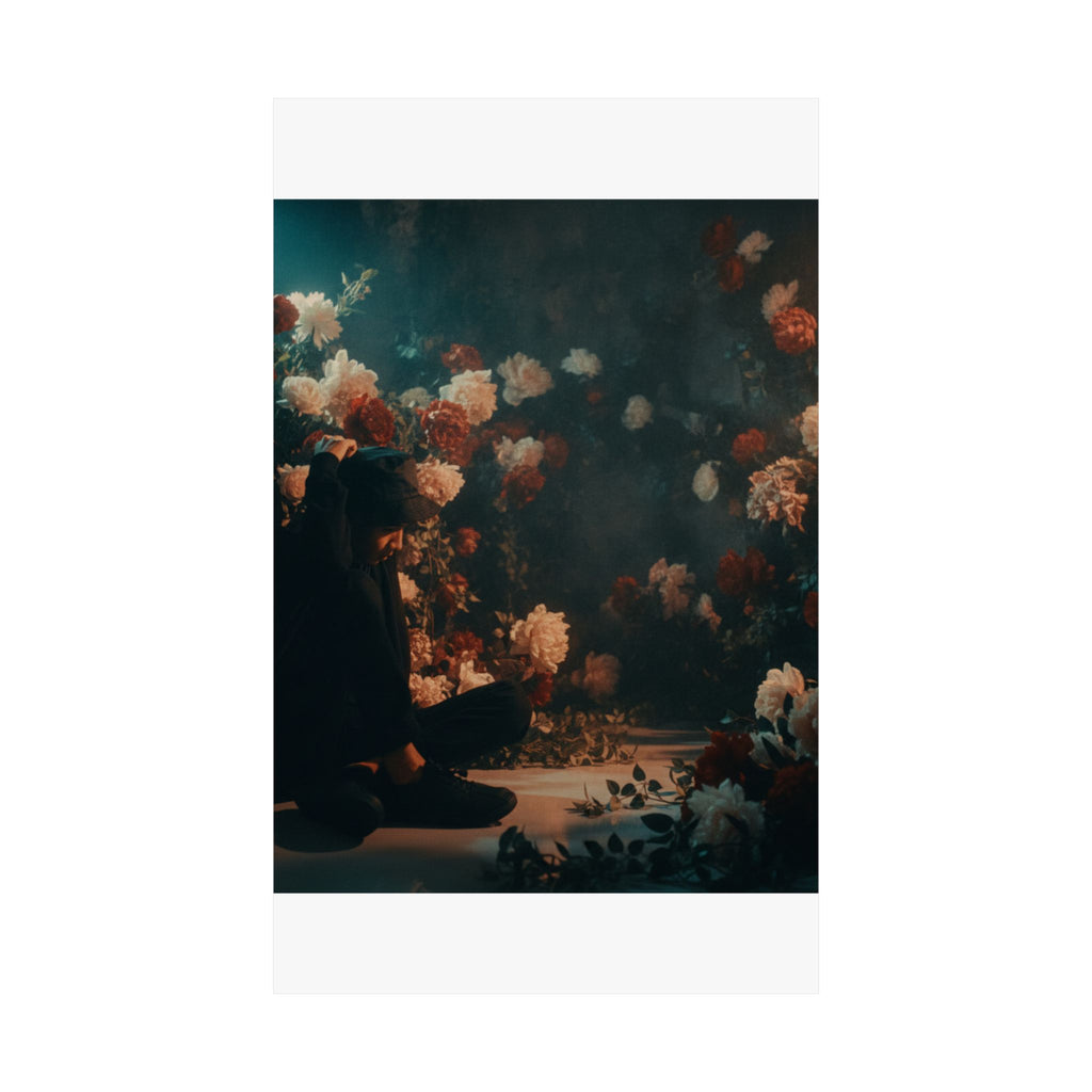 Kneeling Figure in Dark Rose Garden Moody Poster
