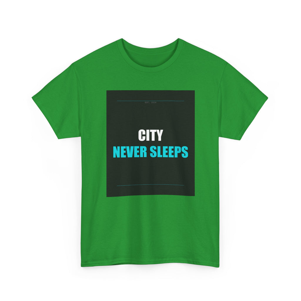 CITY NEVER SLEEPS Cyan Type on Charcoal Graphic Tee