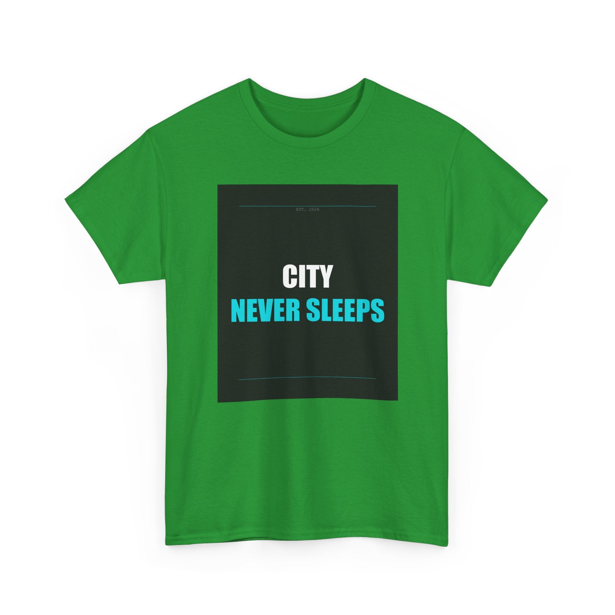 CITY NEVER SLEEPS Cyan Type on Charcoal Graphic Tee