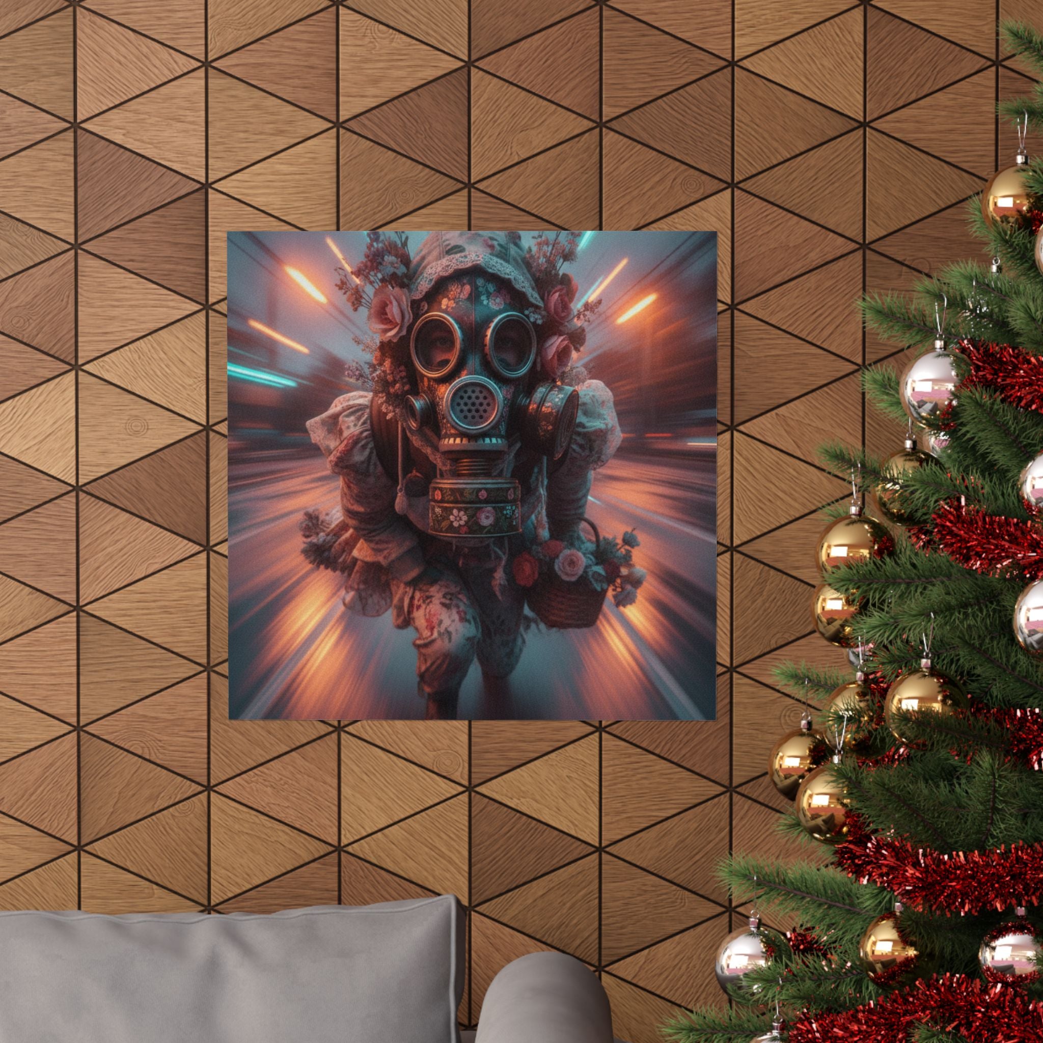 Neon Tunnel Rose Gas Mask Post-Apocalyptic Poster