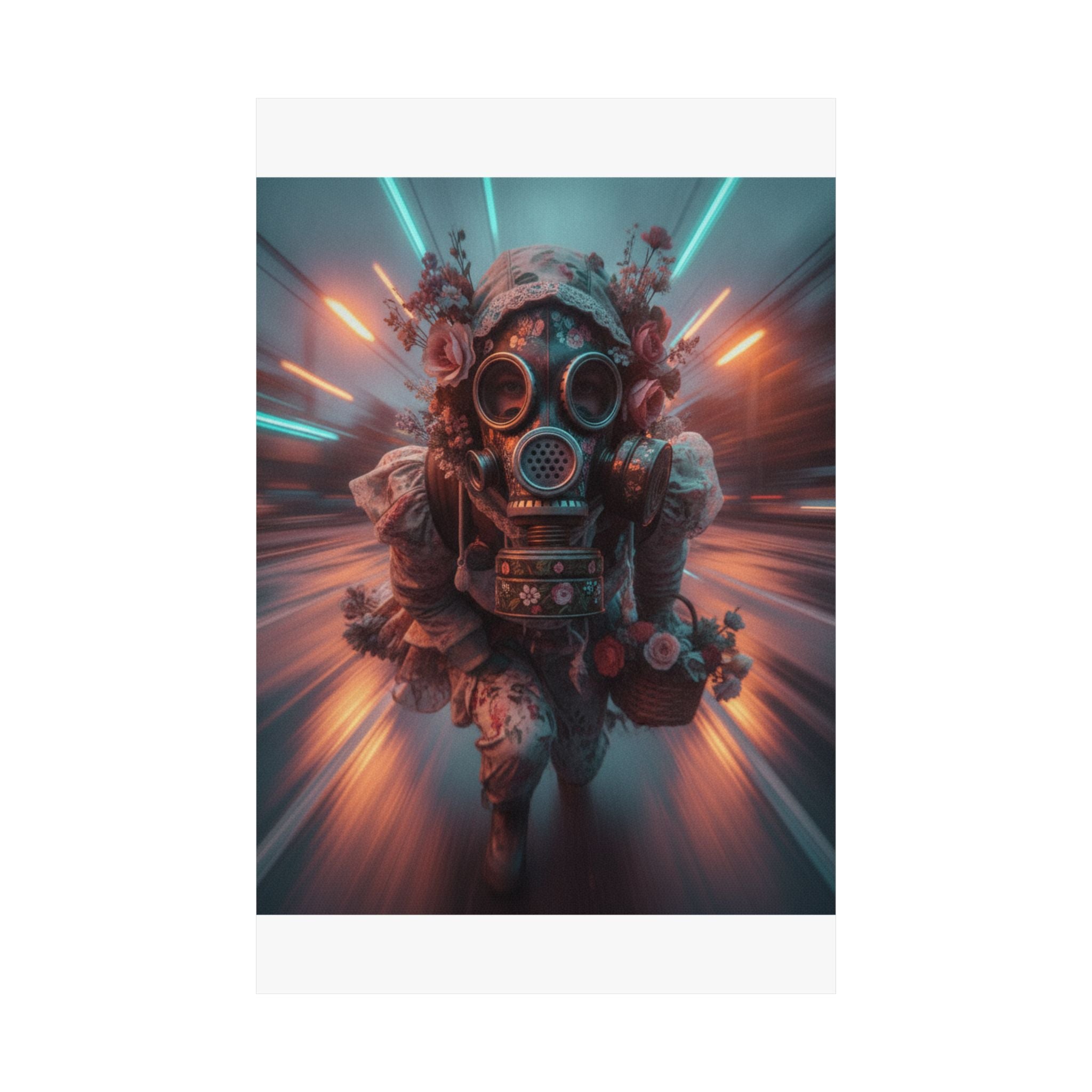 Neon Tunnel Rose Gas Mask Post-Apocalyptic Poster