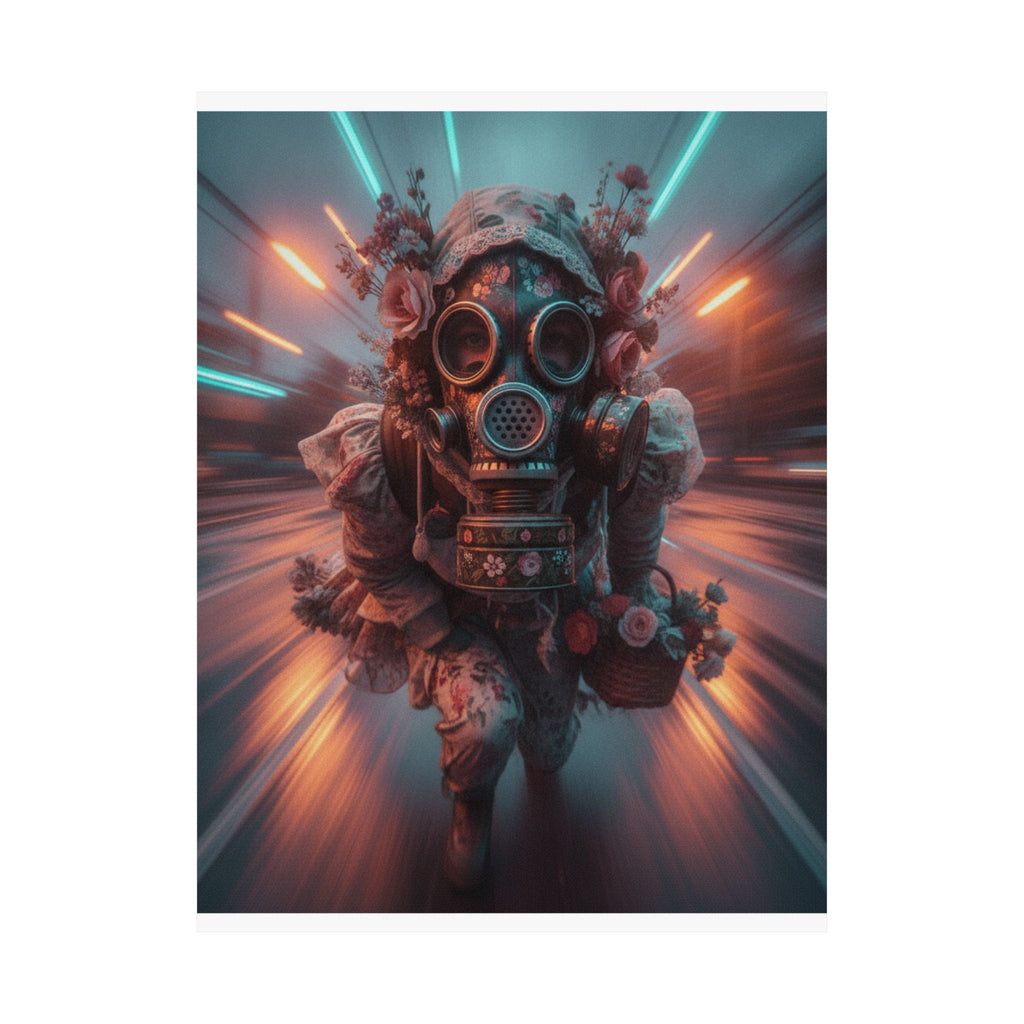 Neon Tunnel Rose Gas Mask Post-Apocalyptic Poster