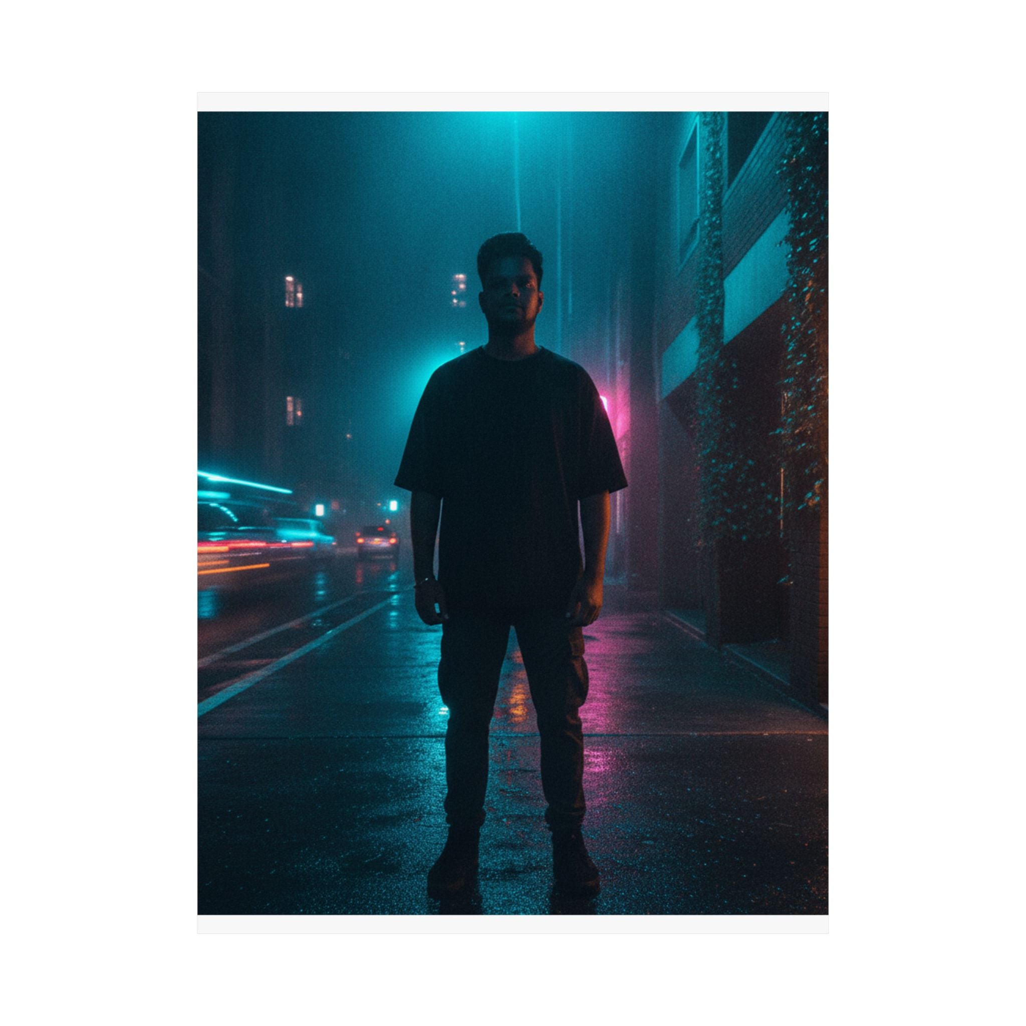 Rainy Neon City Street Silhouette Teal Pink Matte Poster