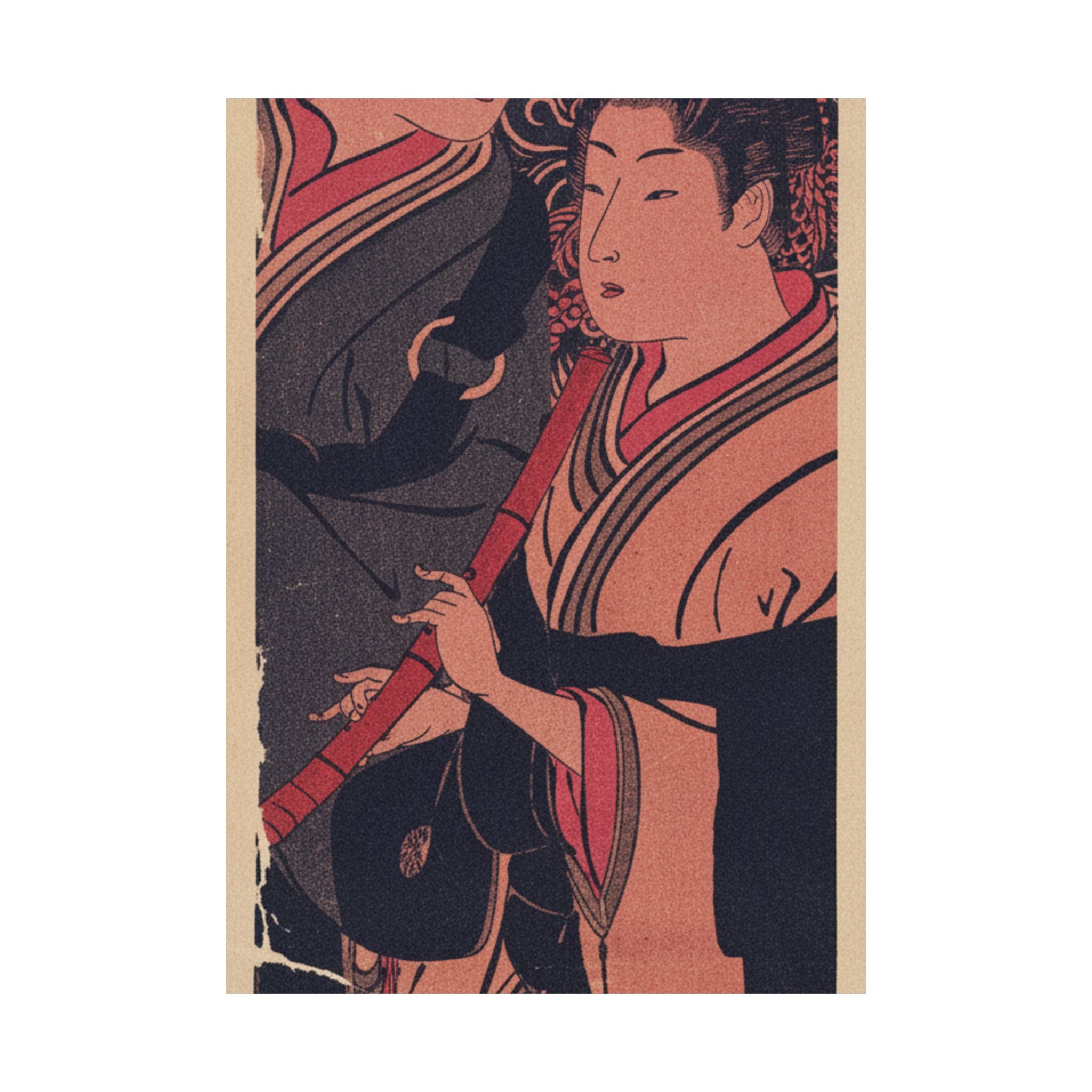 Japanese Street — Two Men, One Playing A Flute — Matte Poster