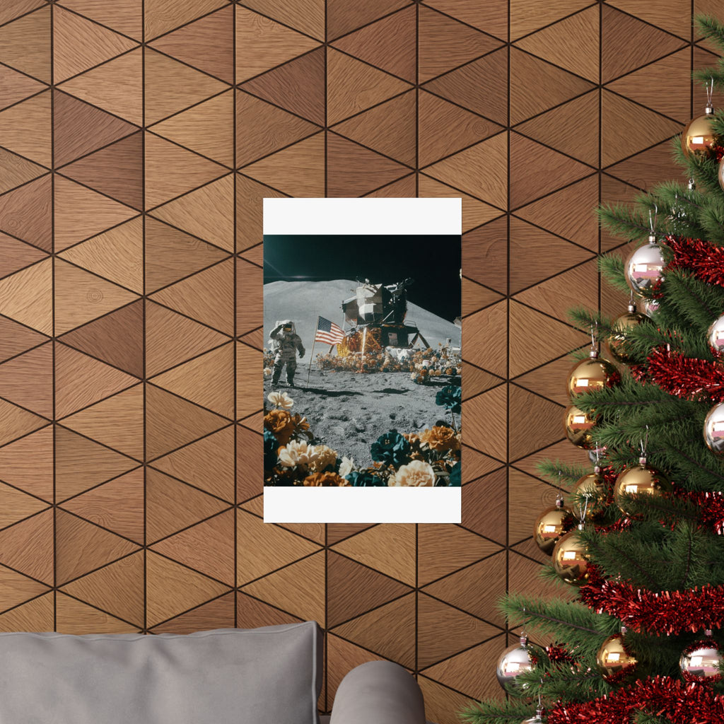 Astronaut Moon Landing in Bloom Surreal Space Poster