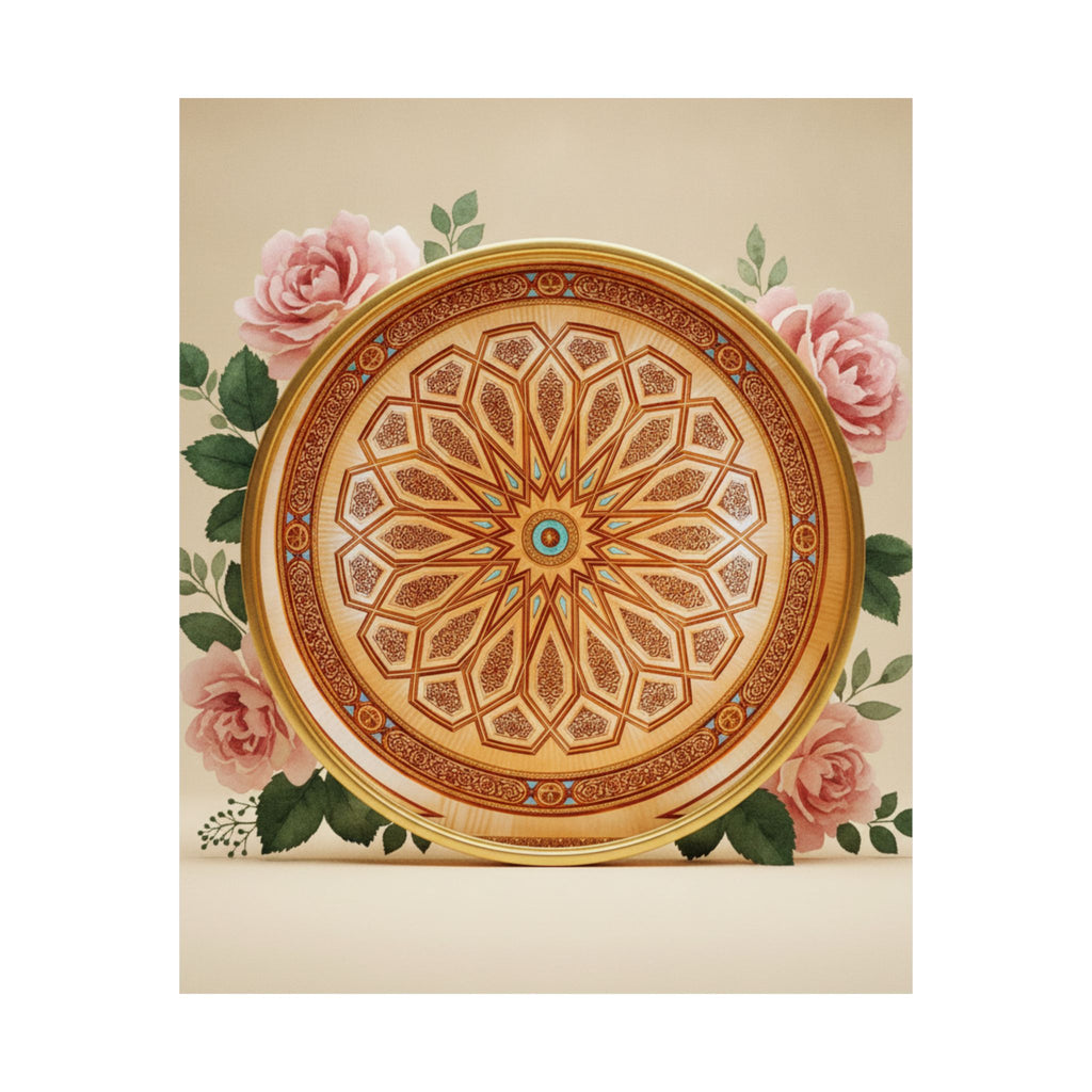Gilded Moroccan Medallion and Pink Roses Art Poster
