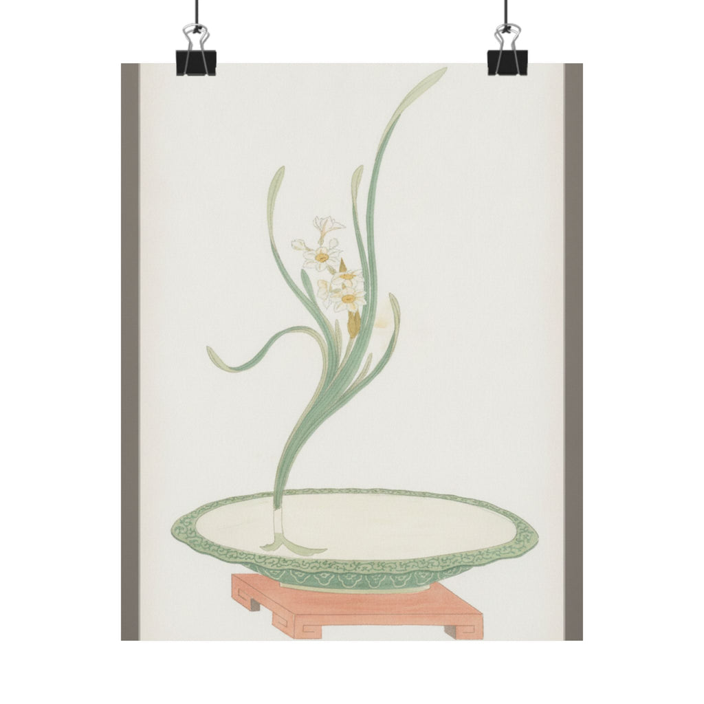 Watercolor — Flower Arrangement Of Suisen (Narcissus) In A Flat Green Dish — Matte Poster