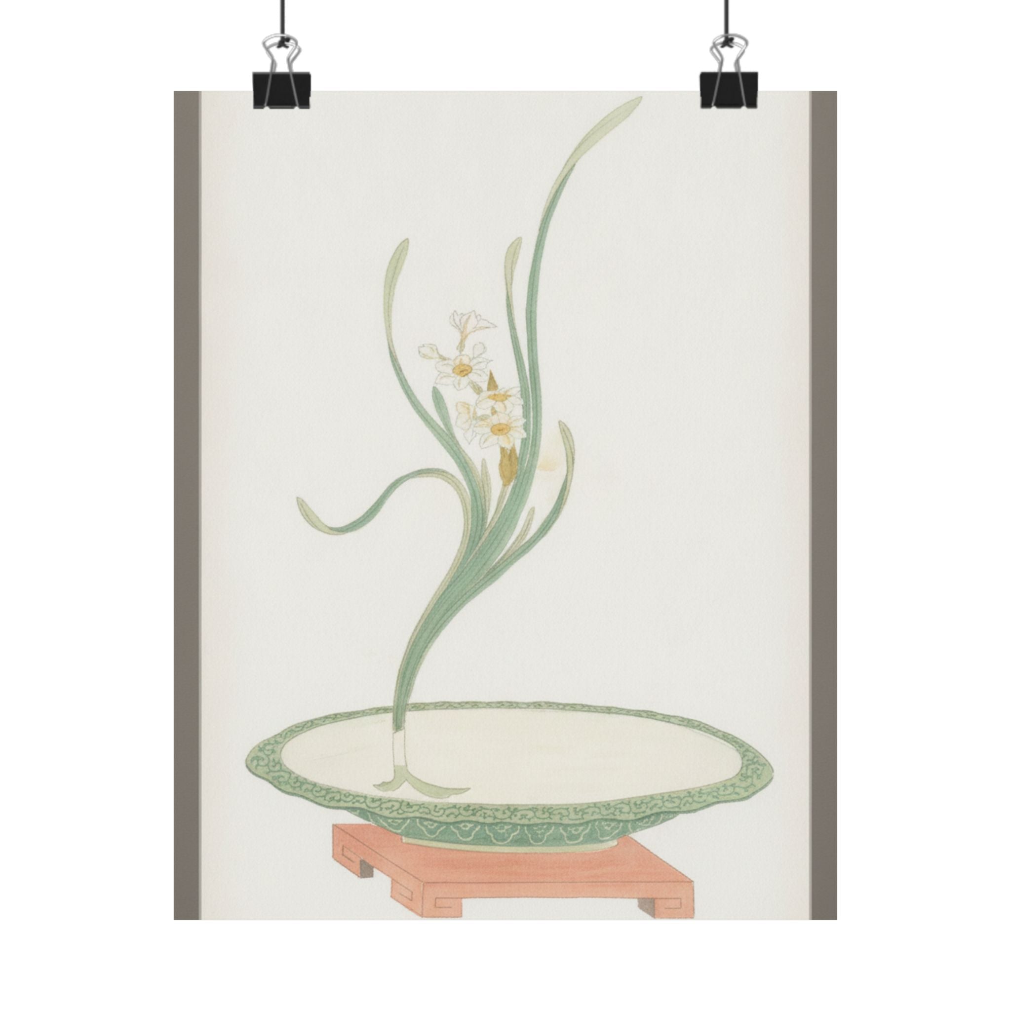 Watercolor — Flower Arrangement Of Suisen (Narcissus) In A Flat Green Dish — Matte Poster