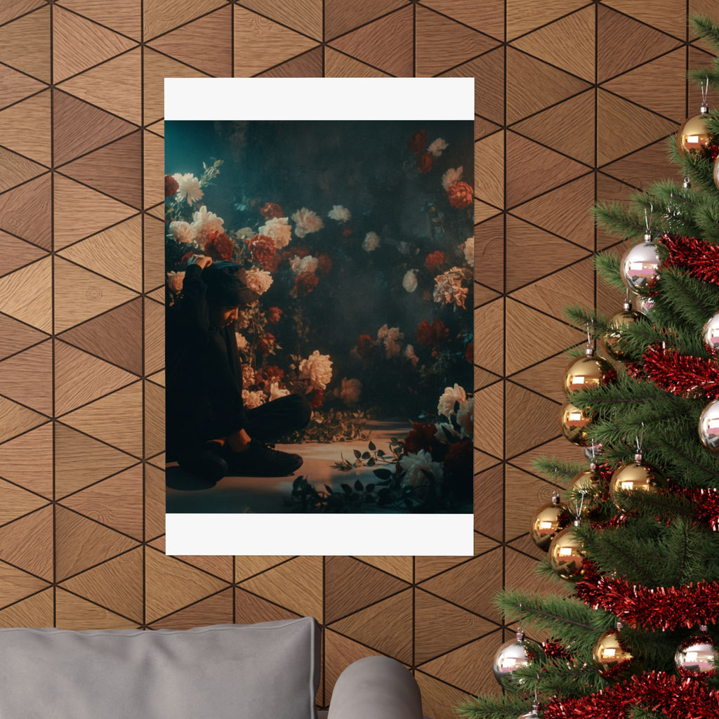 Kneeling Figure in Dark Rose Garden Moody Poster