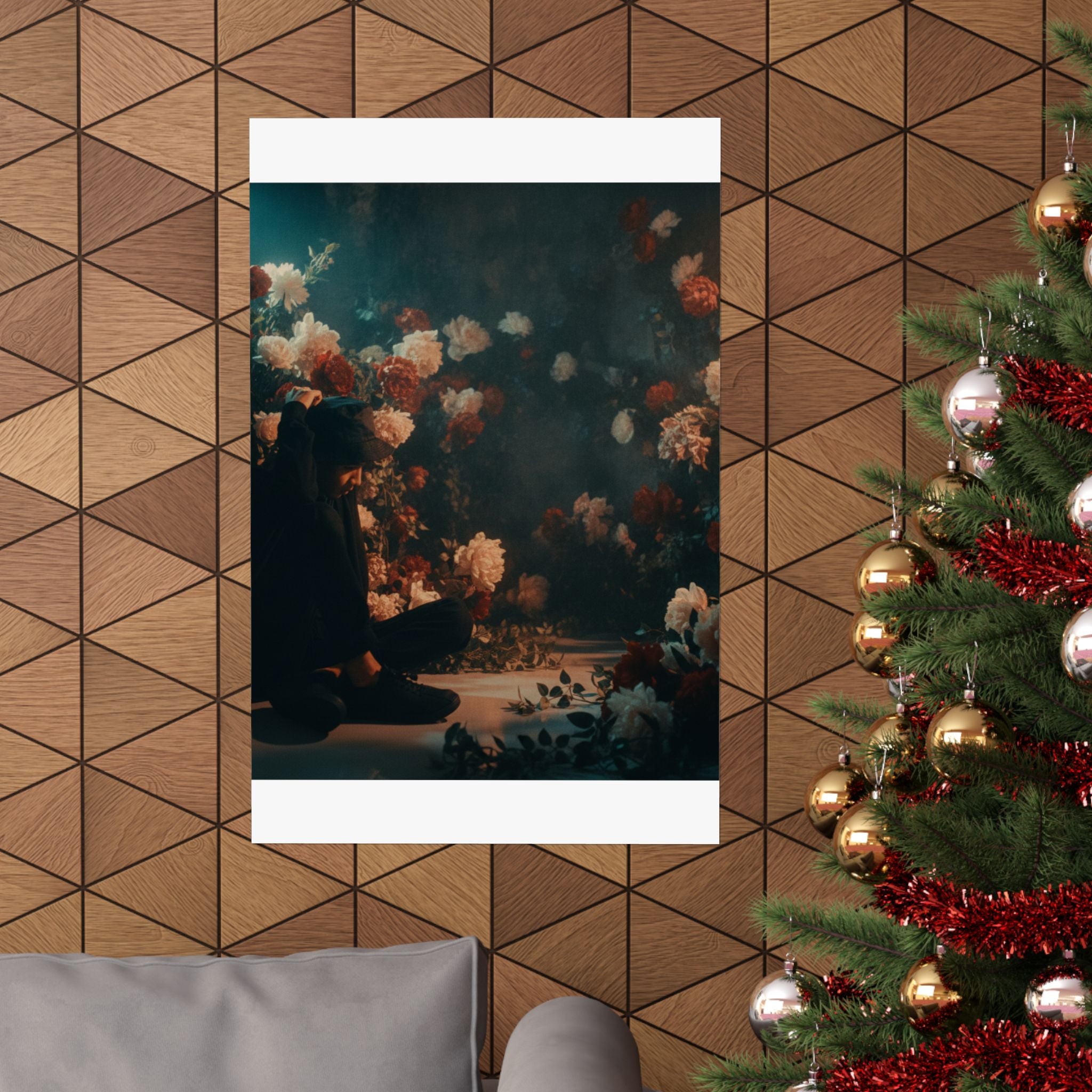 Kneeling Figure in Dark Rose Garden Moody Poster