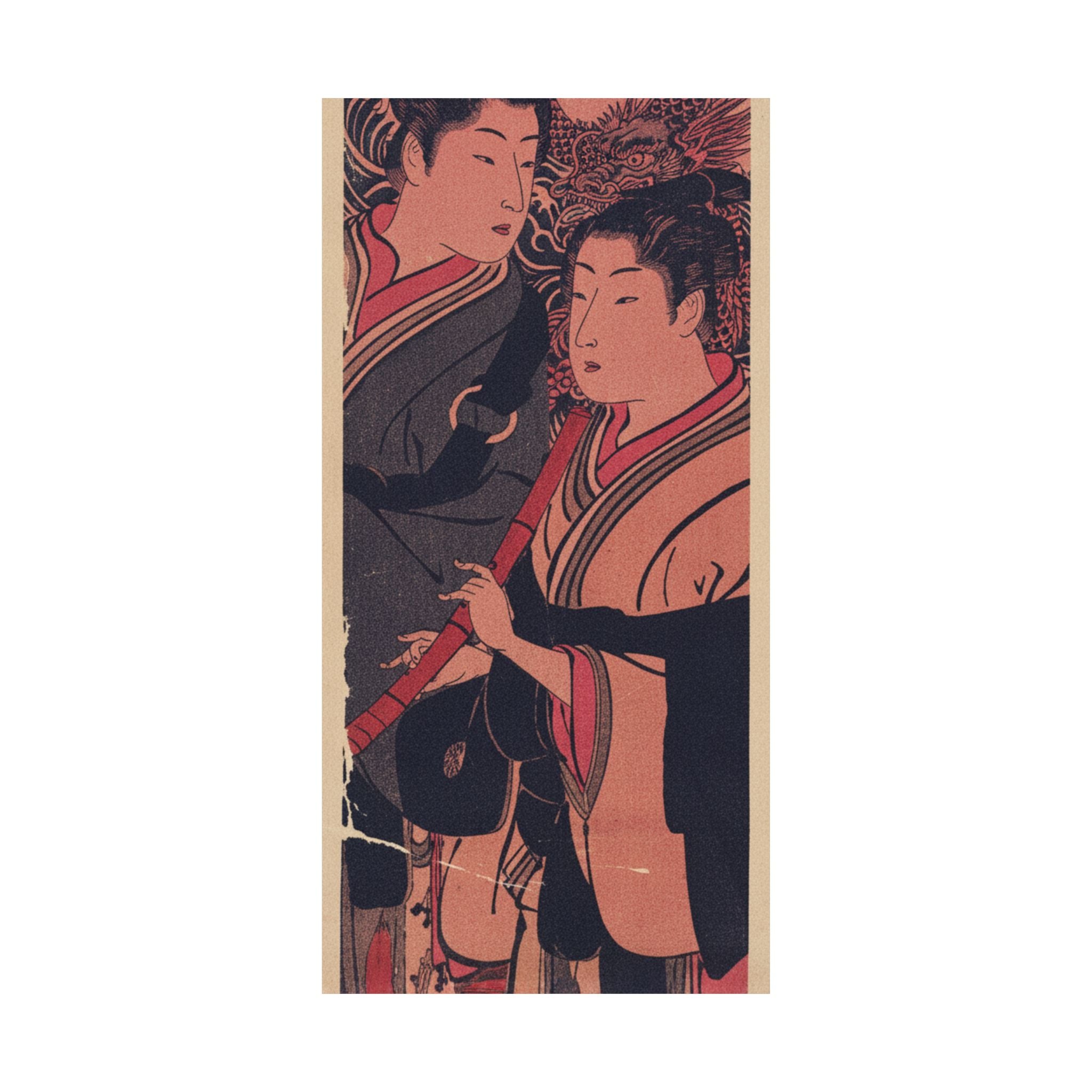 Japanese Street — Two Men, One Playing A Flute — Matte Poster