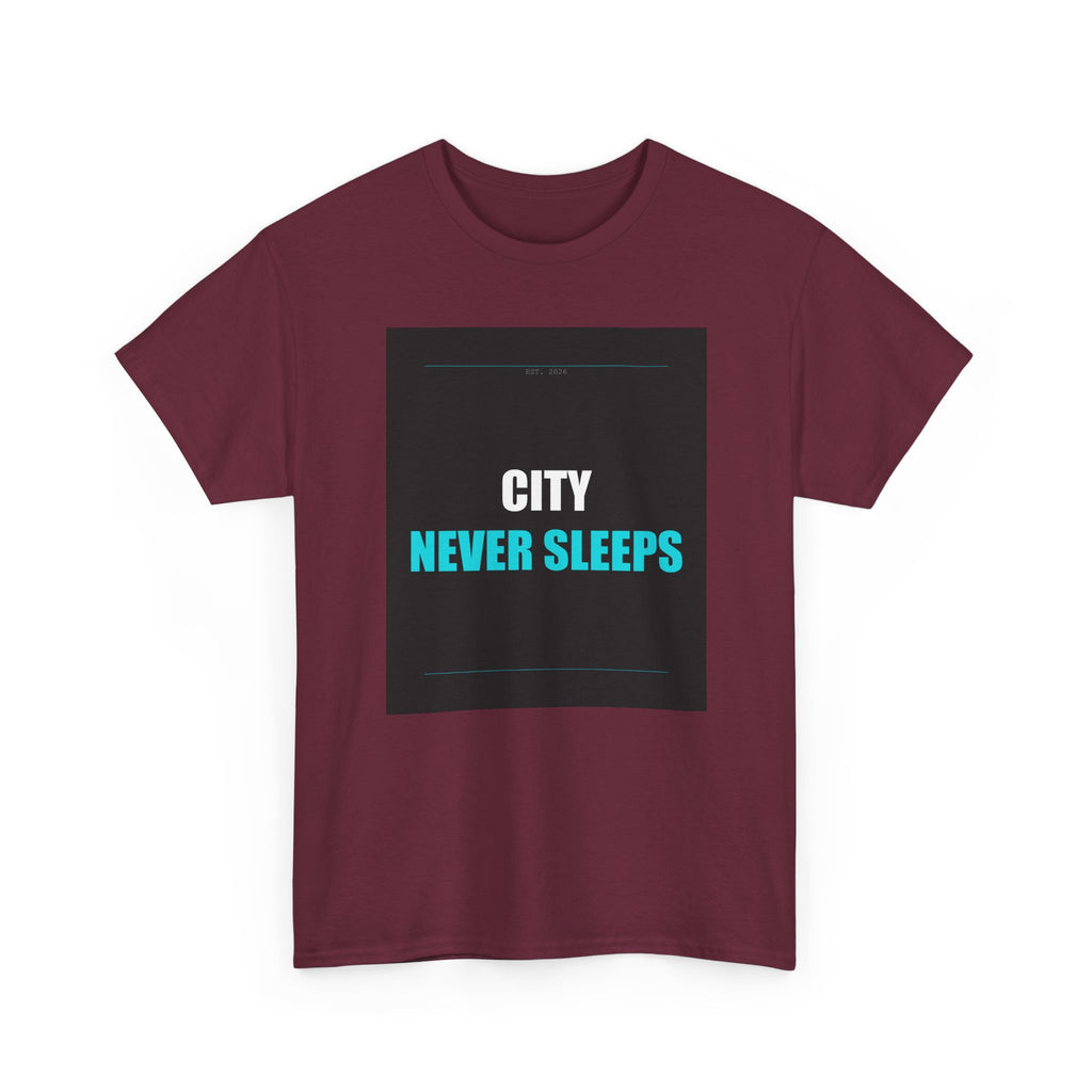CITY NEVER SLEEPS Cyan Type on Charcoal Graphic Tee