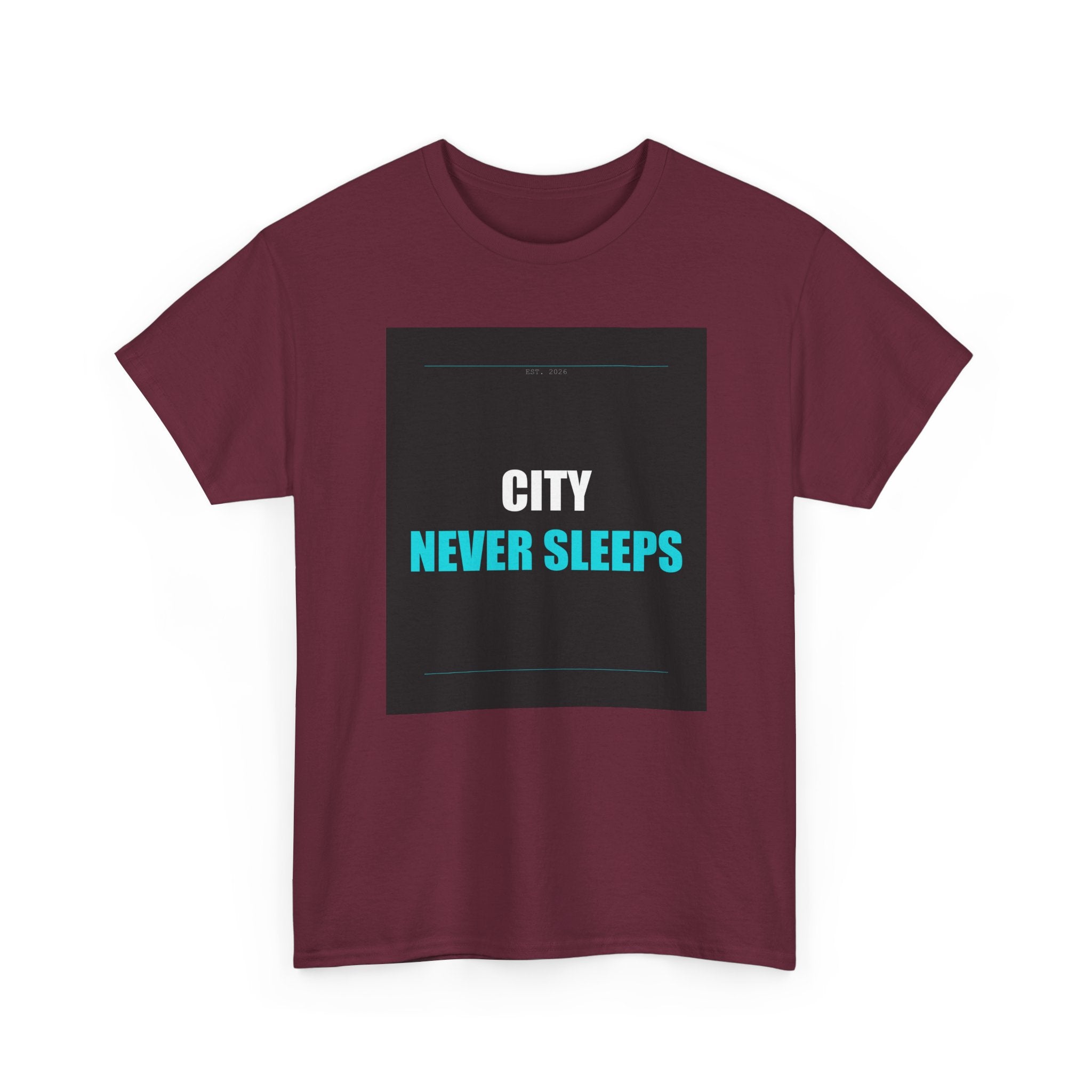 CITY NEVER SLEEPS Cyan Type on Charcoal Graphic Tee