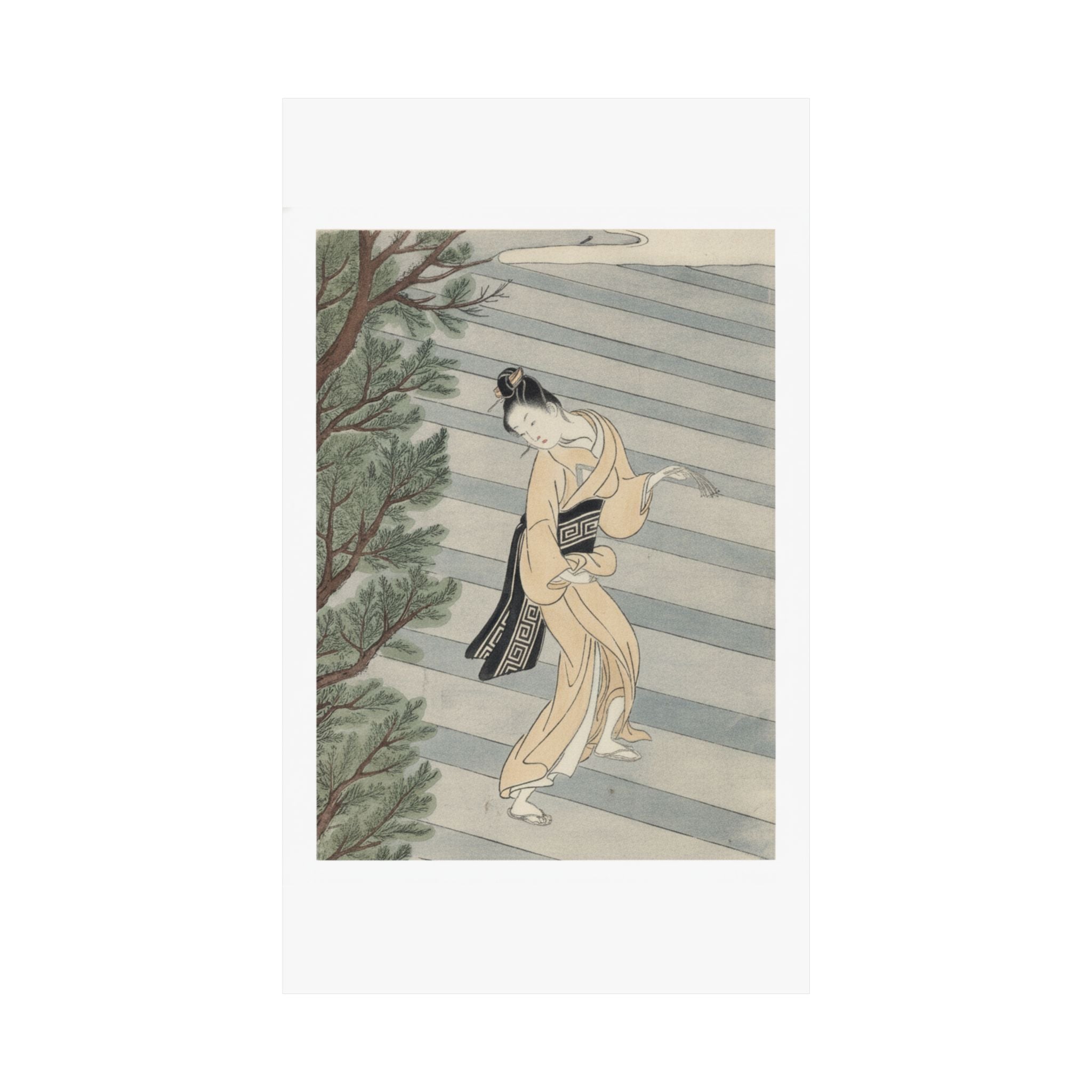Watercolor — Young Woman Climbing Stone Stairs To A Shinto Temple — Matte Poster