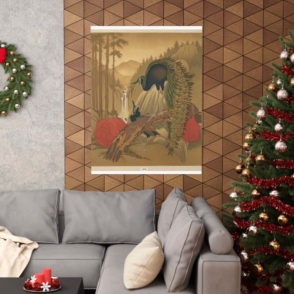 Scenic Nature — Painting Of Peacocks, Pines, A Waterfall, And A Roll Of Red Fabric — Matte Poster