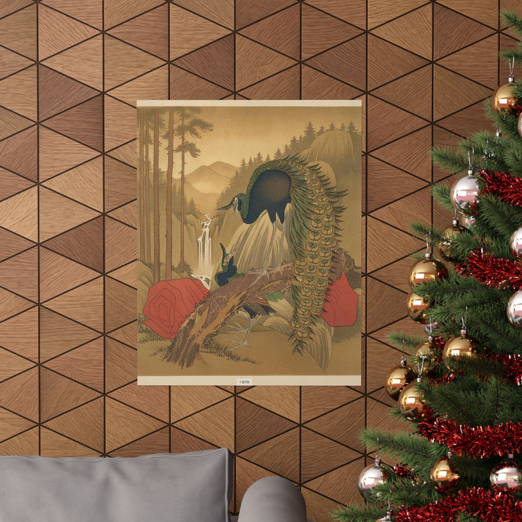 Scenic Nature — Painting Of Peacocks, Pines, A Waterfall, And A Roll Of Red Fabric — Matte Poster