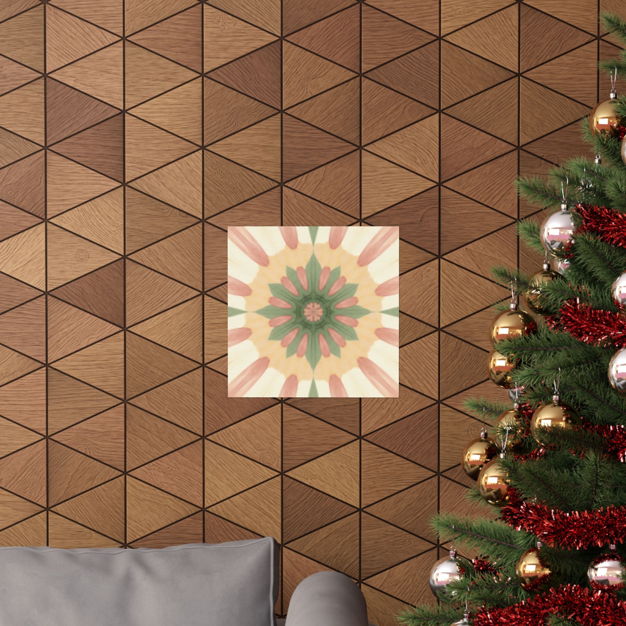 Peach and Sage Floral Kaleidoscope Mandala Poster