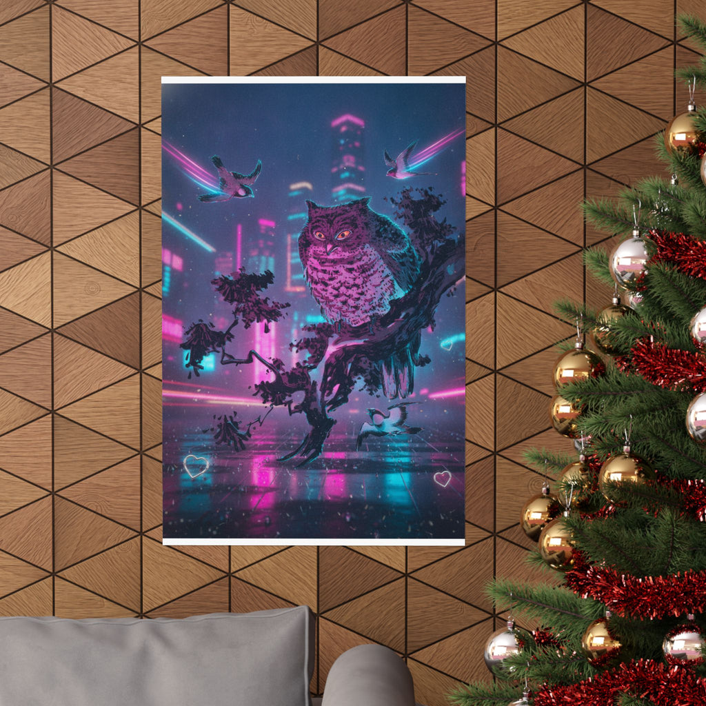 Neon Noir — Owl And Two Swallows — Matte Poster