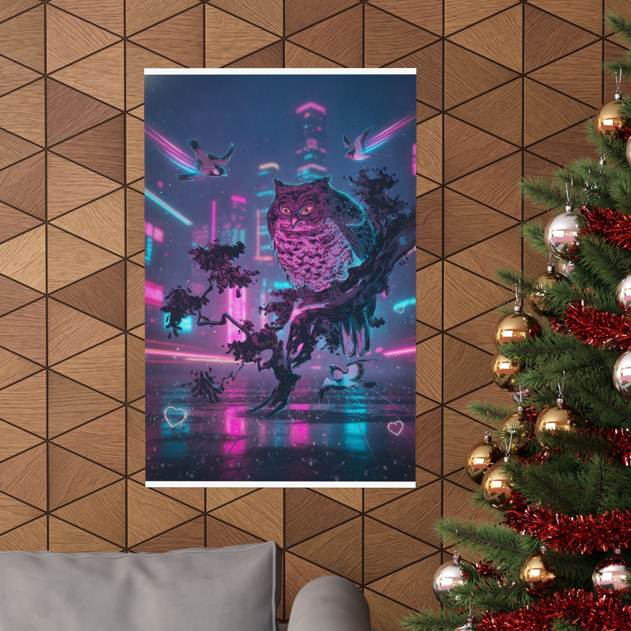 Neon Noir — Owl And Two Swallows — Matte Poster