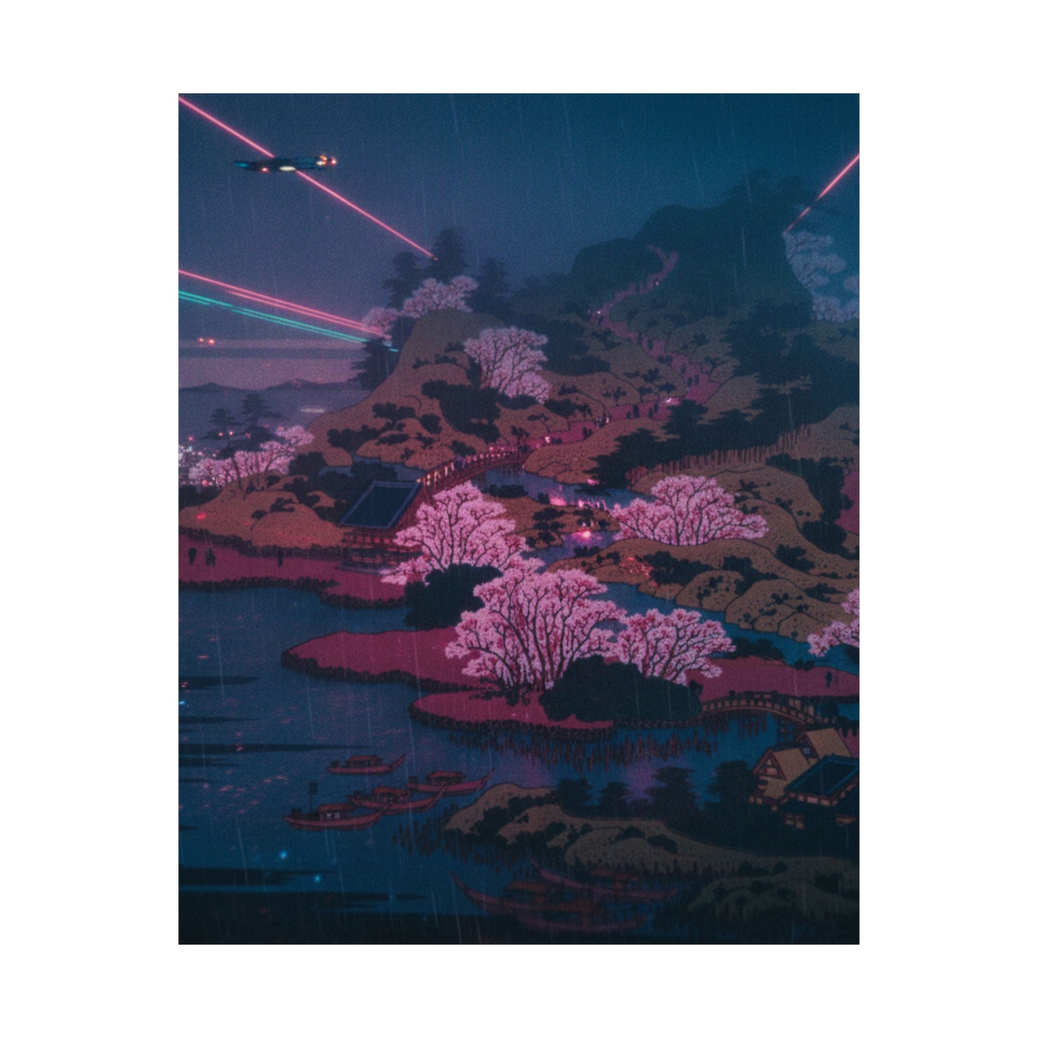 Neon Noir — Tenpōzan At The Mouth Of The Aji River In Settsu Province (Sesshū Ajikawaguchi T — Matte Poster