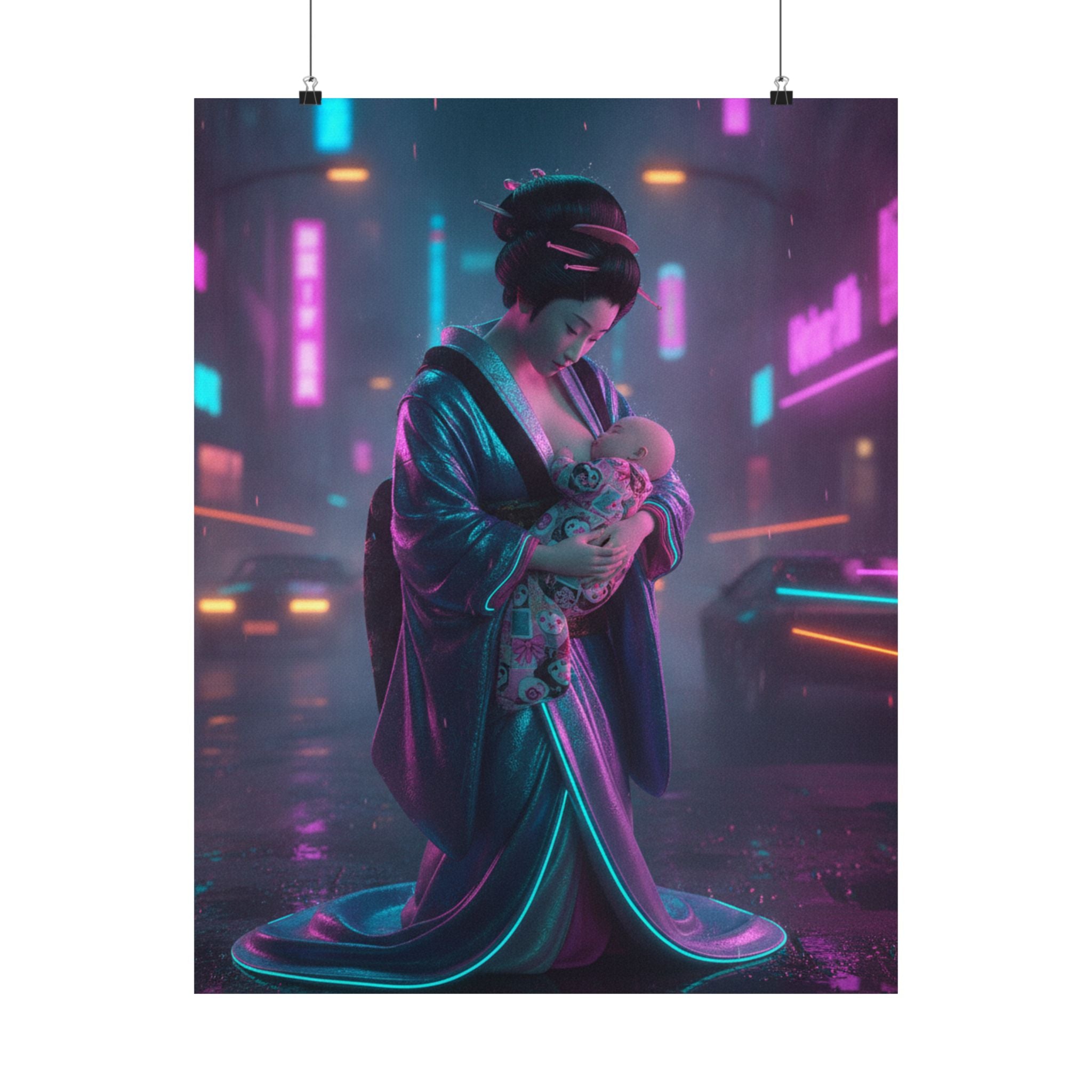 Neon Noir — Young Mother Nursing Her Baby — Matte Poster