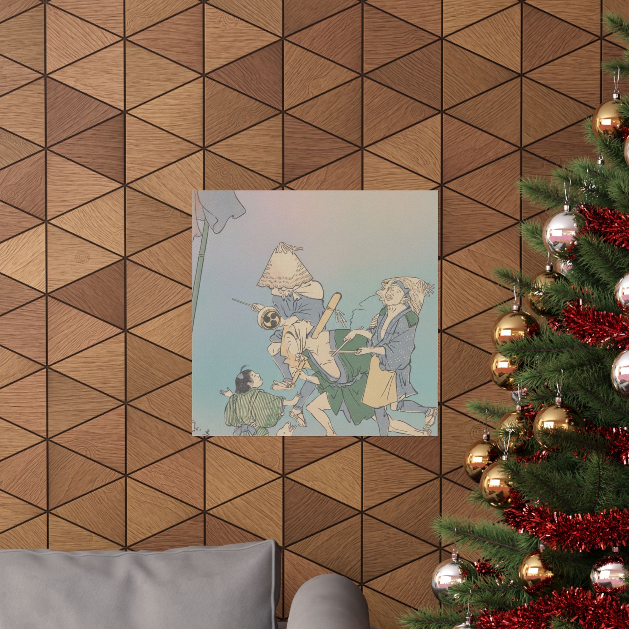 Affirmation — Three Revelers Of The Lower Classes, Wearing Komuso Hats, With Small Boy And Dog — Matte Poster