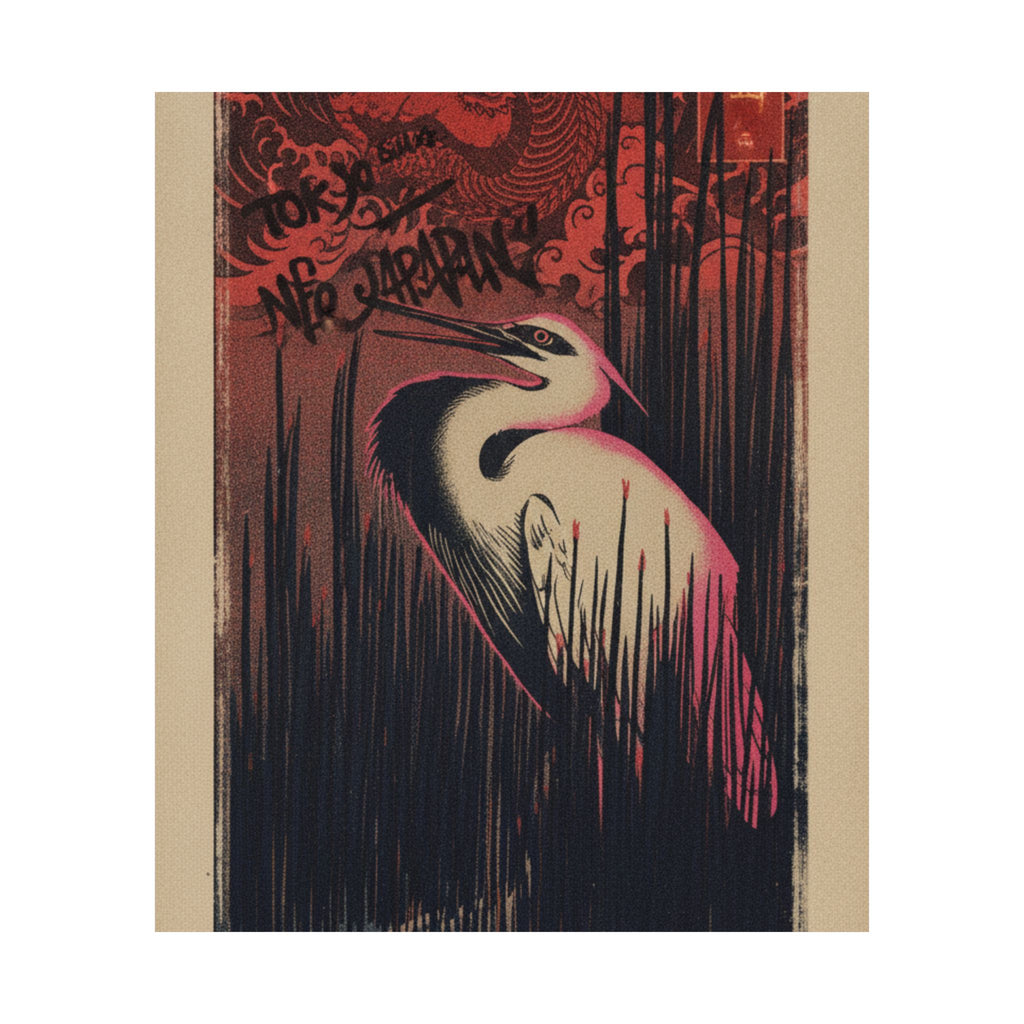 Japanese Street — White Heron Standing Among Reeds — Matte Poster