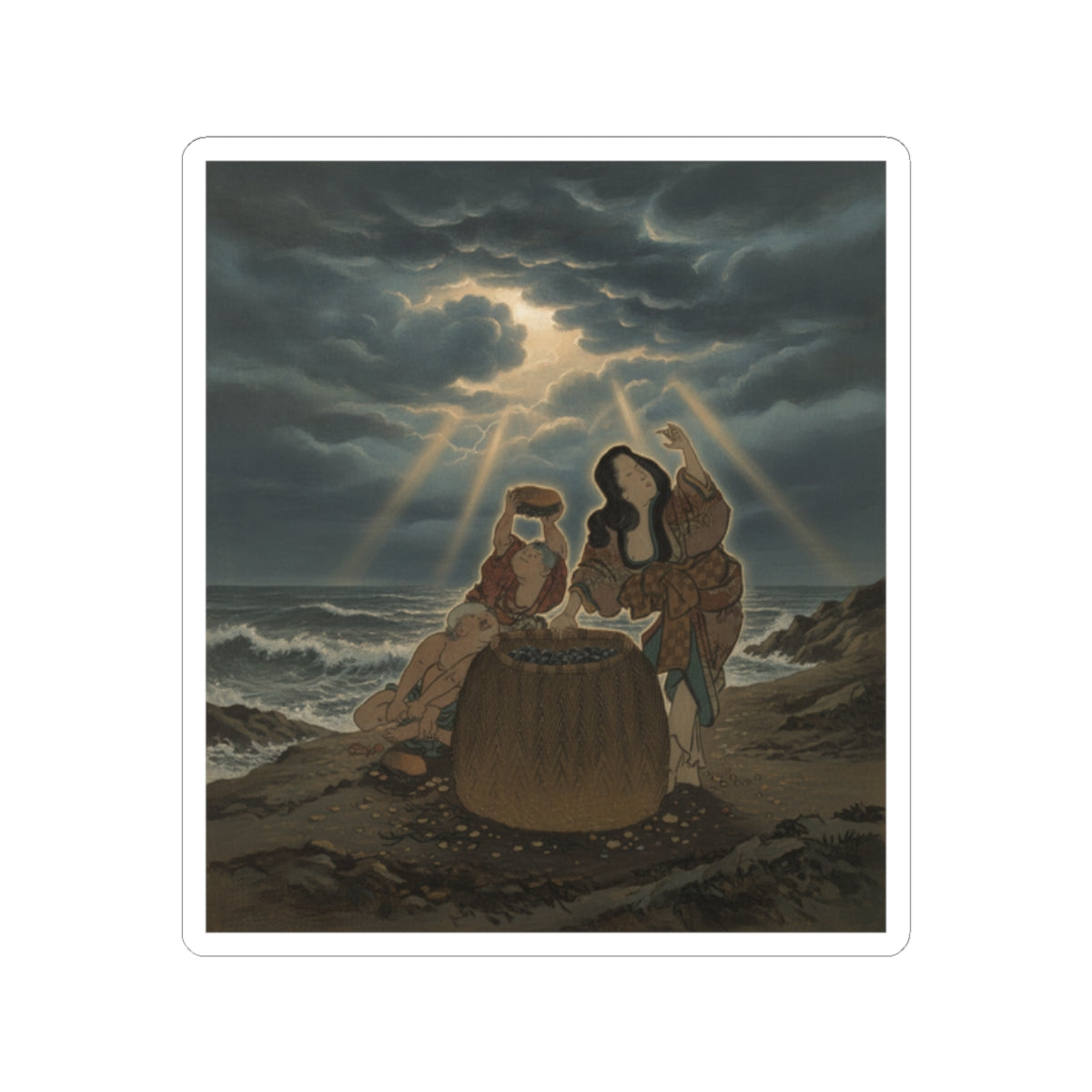 Dramatic Storm — Fisherwoman With A Basket And Two Boys — Kiss-Cut Sticker