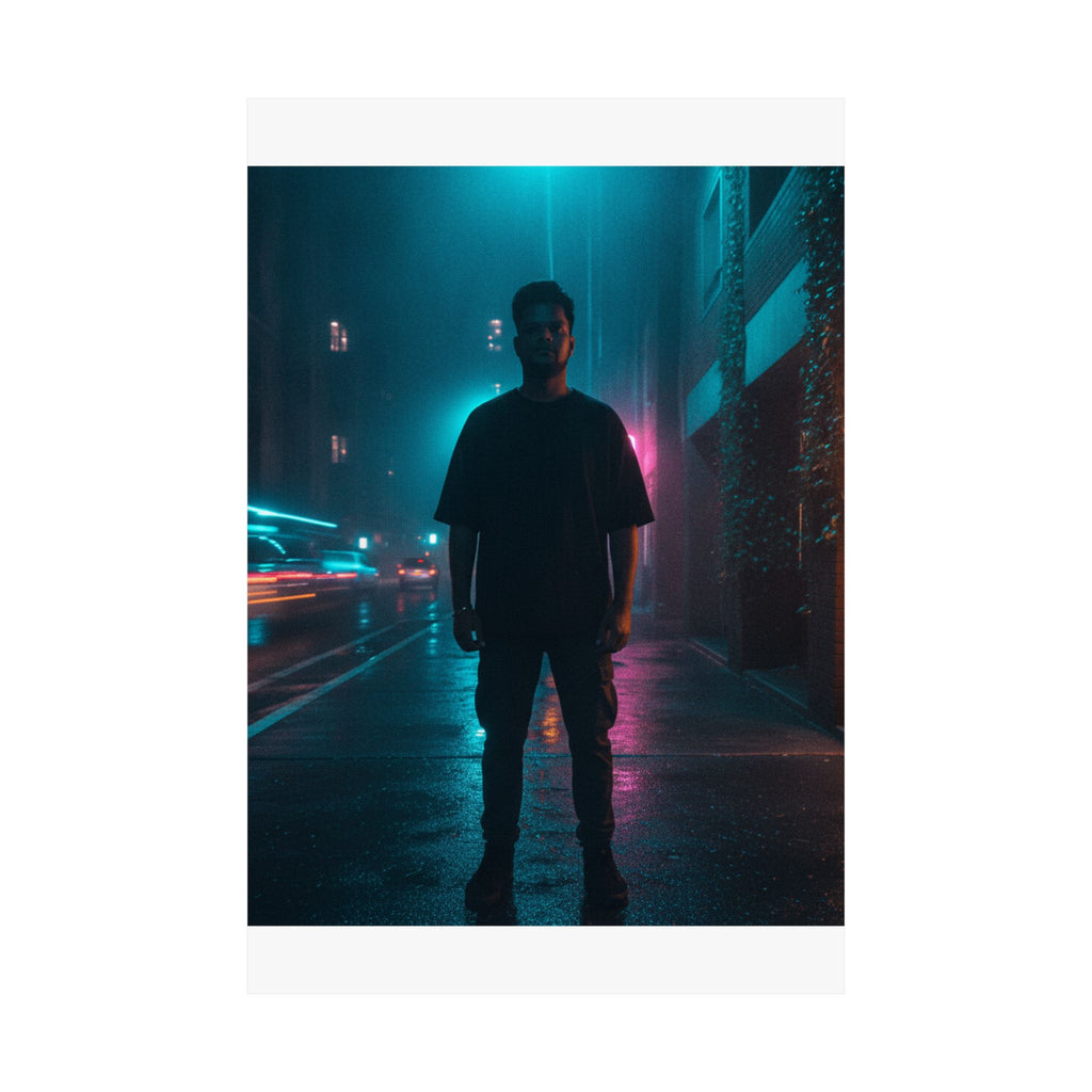 Rainy Neon City Street Silhouette Teal Pink Matte Poster
