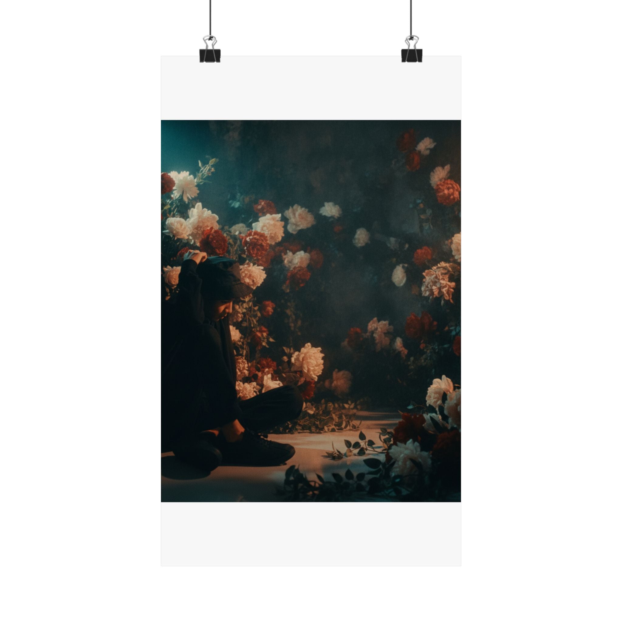 Kneeling Figure in Dark Rose Garden Moody Poster