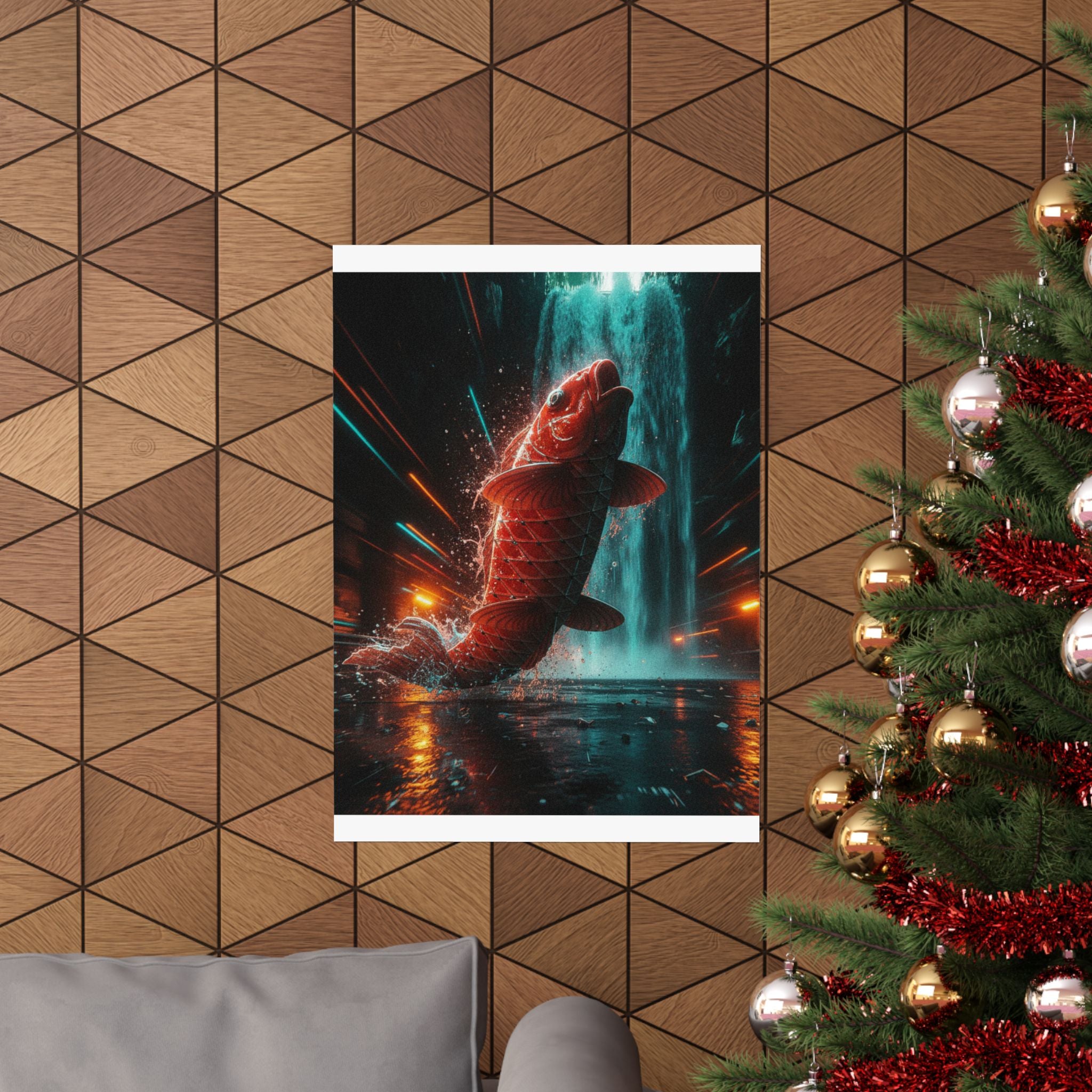 Fast Furious — Red Carp Ascending A Waterfall — Matte Poster