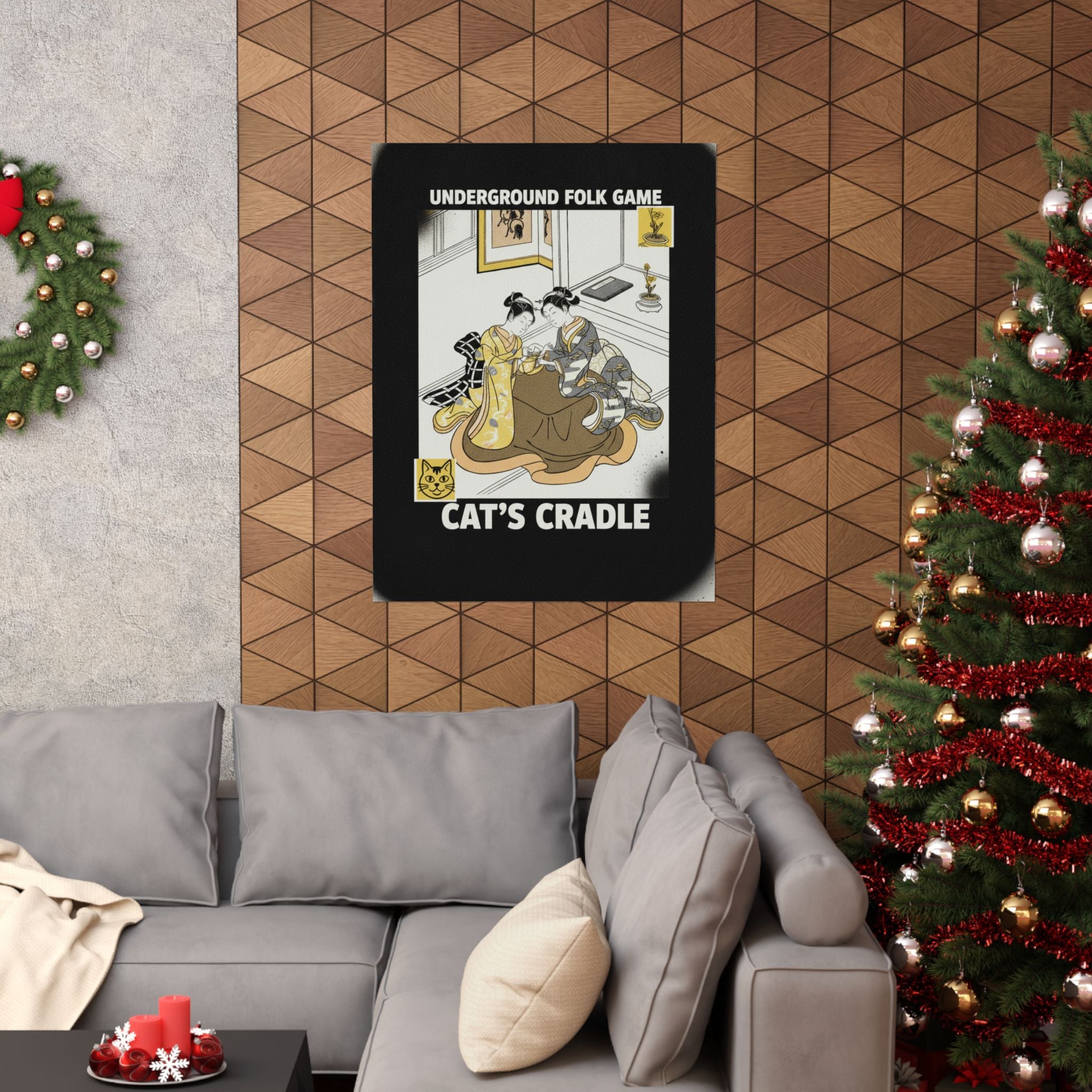 Streetwear Collage — Two Young Women Seated By A Kotatsu Playing Cat'S Cradle — Matte Poster
